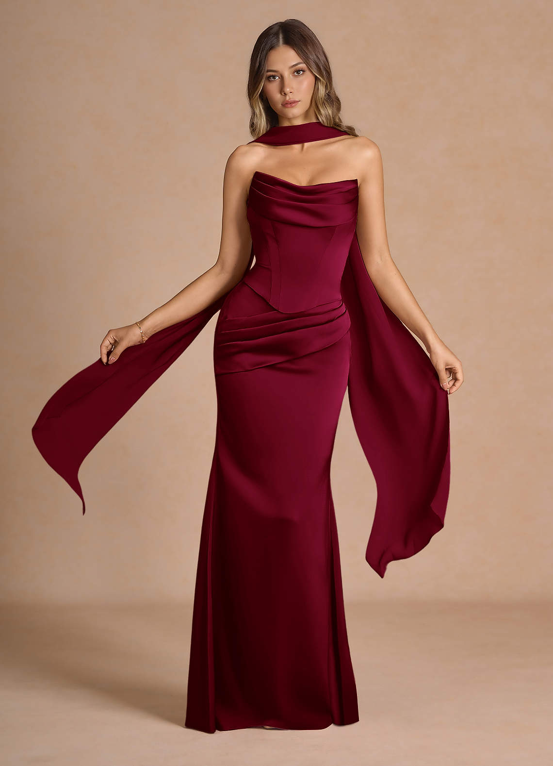 Sorrel Mermaid Corset Stretch Satin Evening Set in Haze Pink