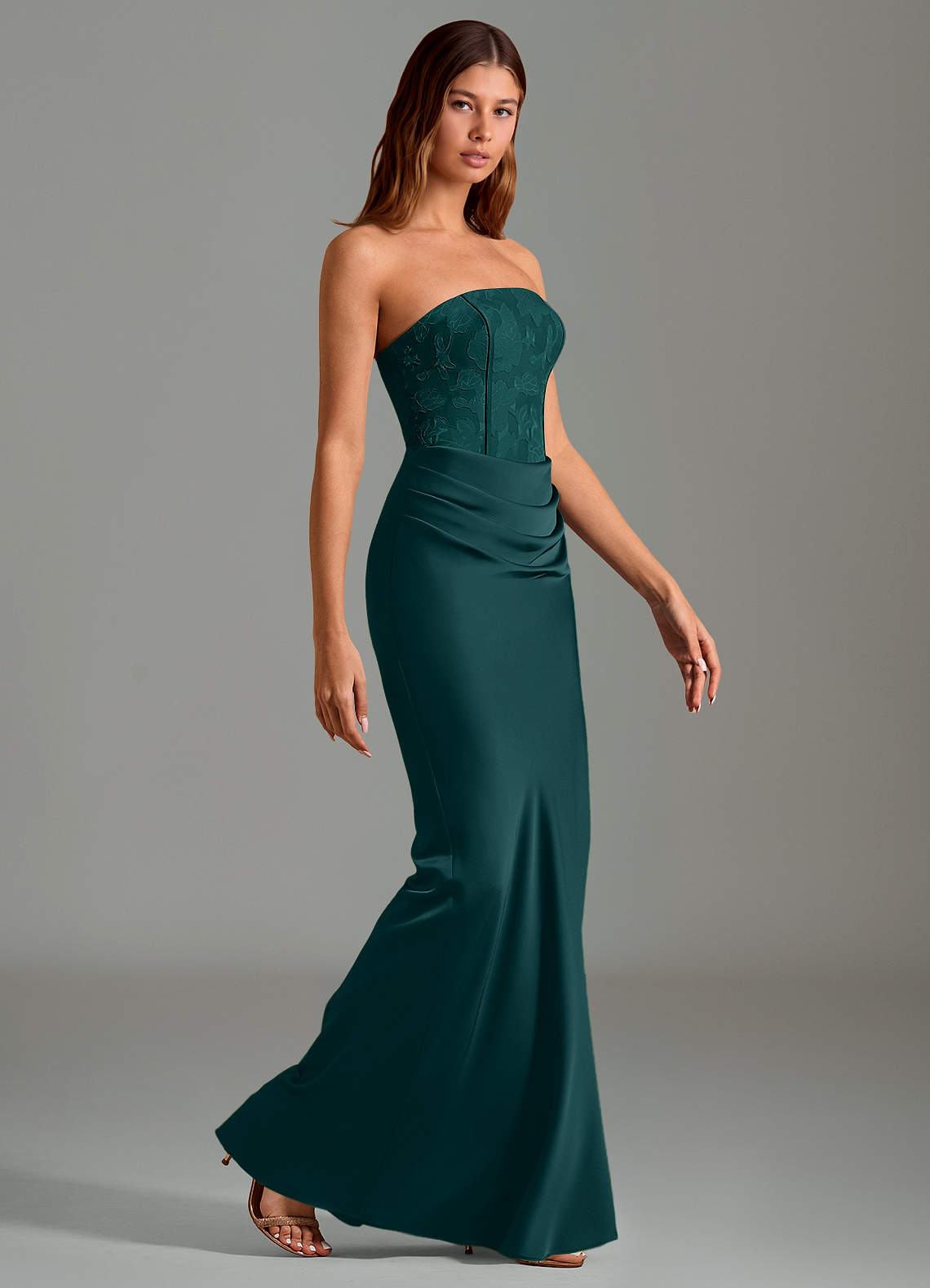 Emilia Mermaid Strapless Stretch Satin and Floral Burnout Bridesmaid Dress in Pine