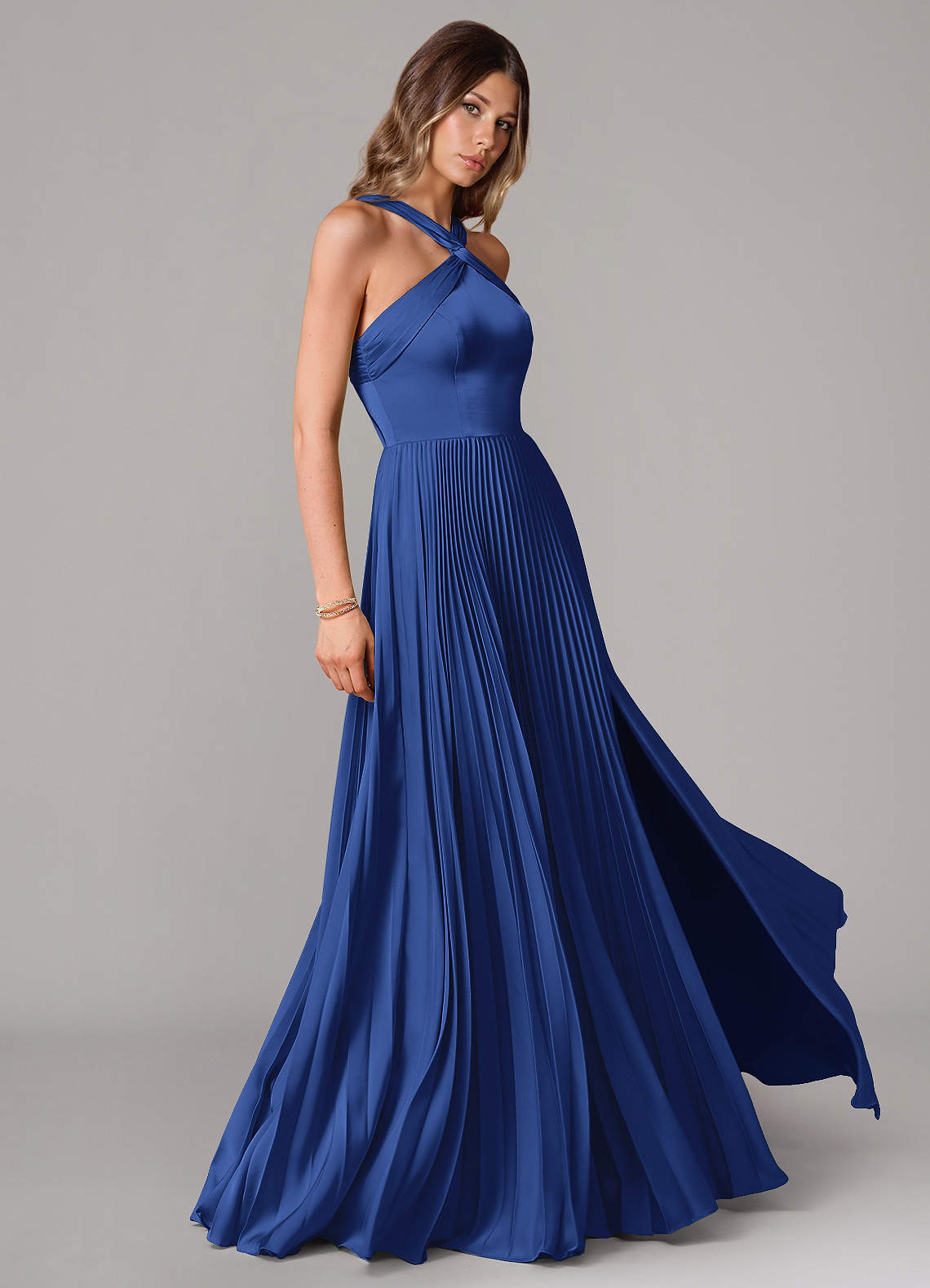 Afra A-Line Halter-Neck Stretch Satin Bridesmaid Dress in Royal Blue