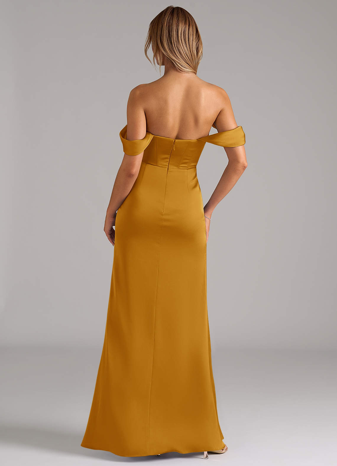 Johana Mermaid Off-the-Shoulder Stretch Satin Bridesmaid Dress in butterscotch