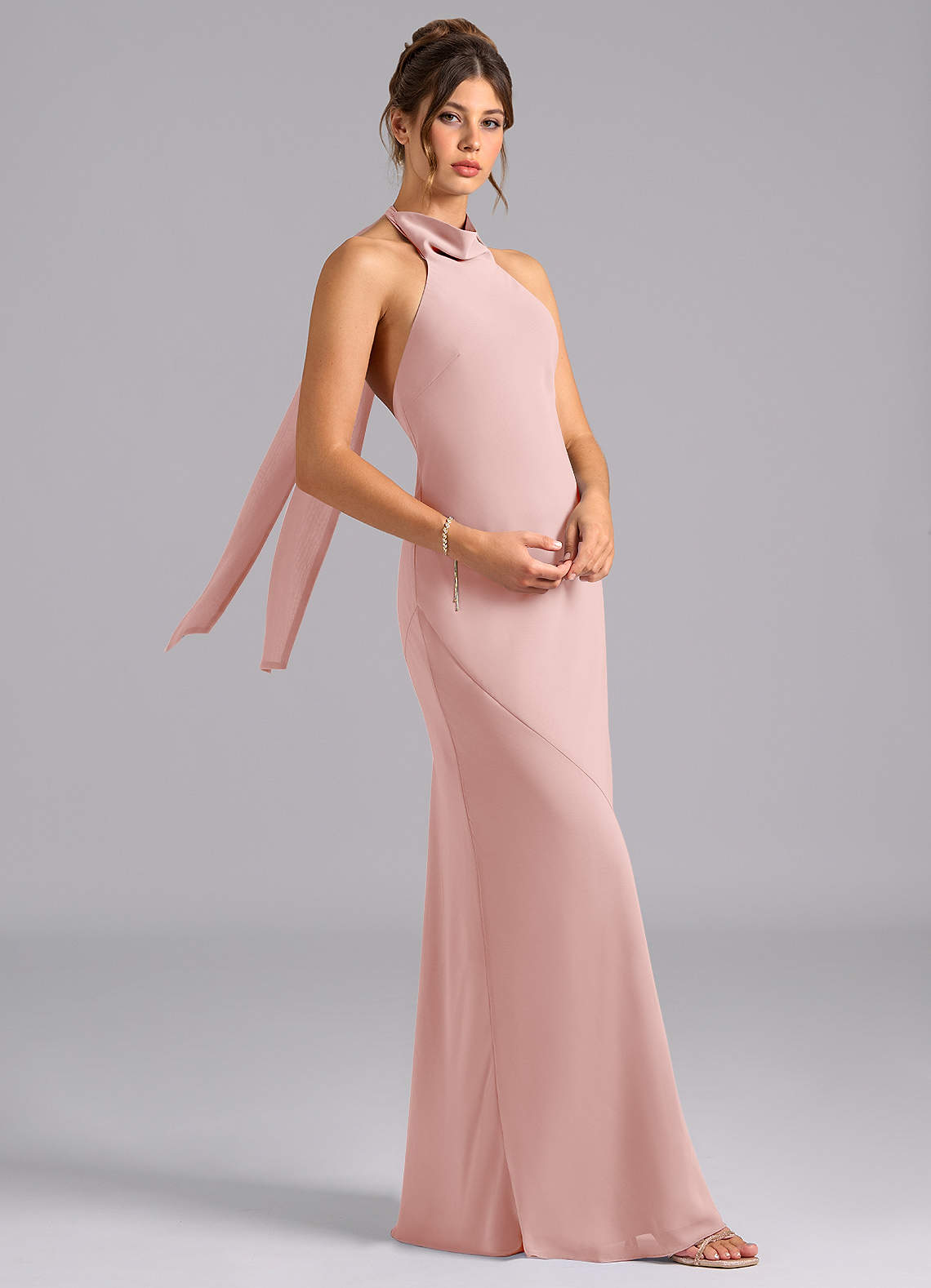 Velli Mermaid Halter Chiffon Bridesmaid Dress in Powder Pink