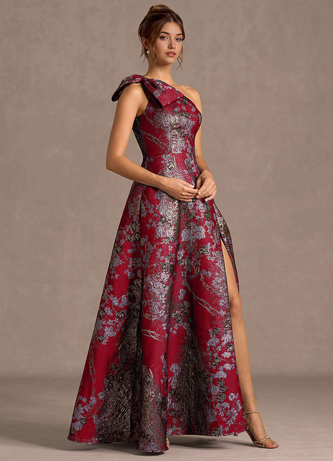 Jonelle A-Line One-Shoulder Metallic Jacquard Evening Dress in Merlot