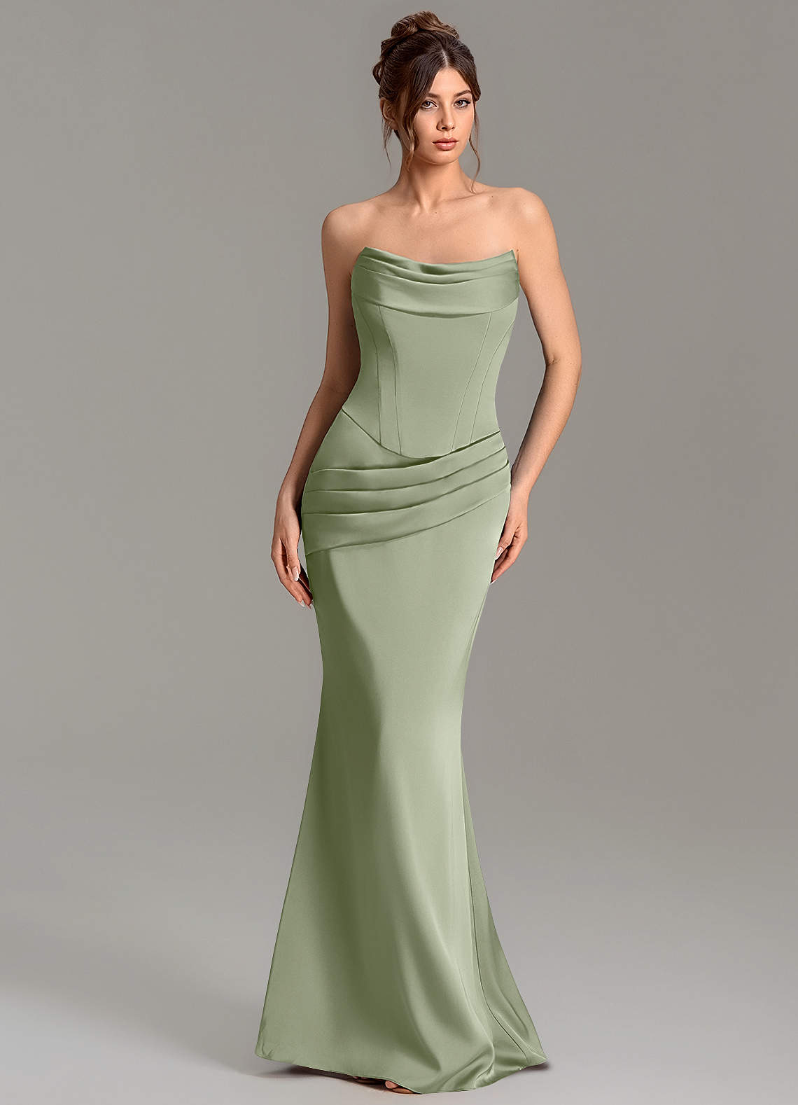 Adrienne Mermaid Cowl-Neck Stretch Satin Bridesmaid Dress in Pistachio