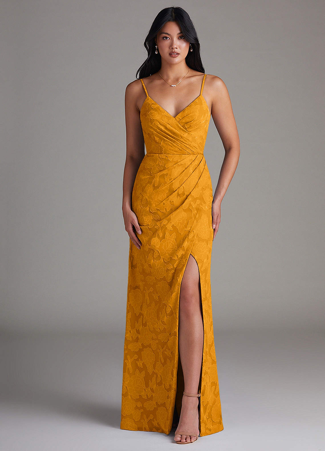 Maci Sheath V-Neck Floral Burnout Bridesmaid Dress in butterscotch