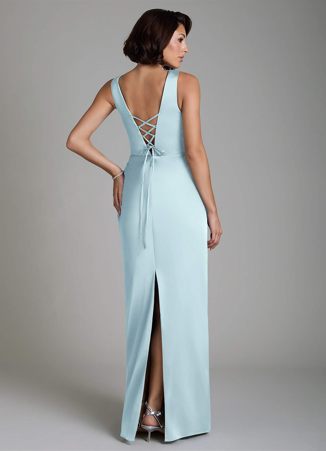 Vanya Sheath V-Neck Stretch Satin Bridesmaid Dress in Cloud Blue