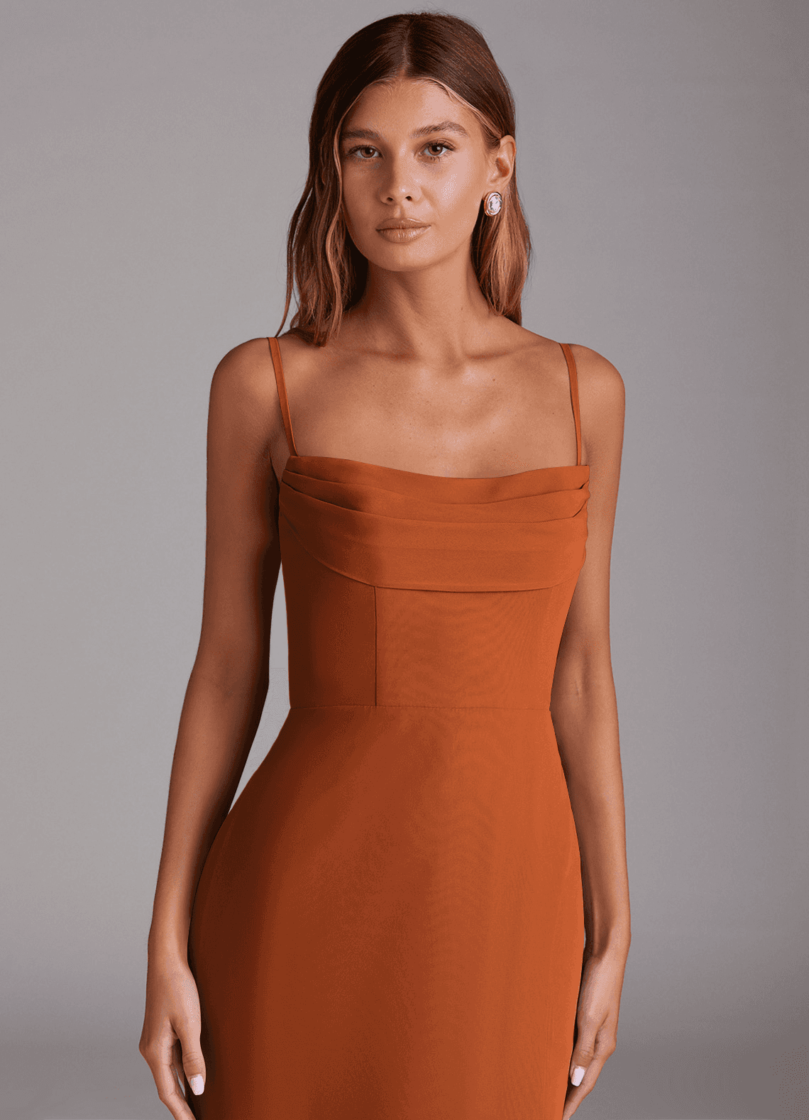 Saige A-Line Off-the-Shoulder Chiffon Bridesmaid Dress in Cinnamon