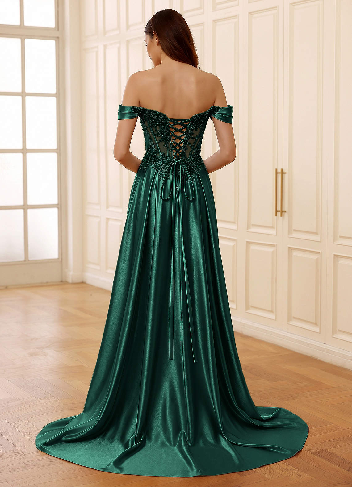Rowane A-Line Off-the-Shoulder Satin Evening Dress in green
