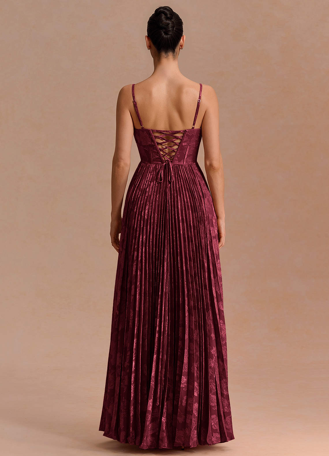 Delfina A-Line Twisted-Bust Fil Coupé Evening Dress in Wine