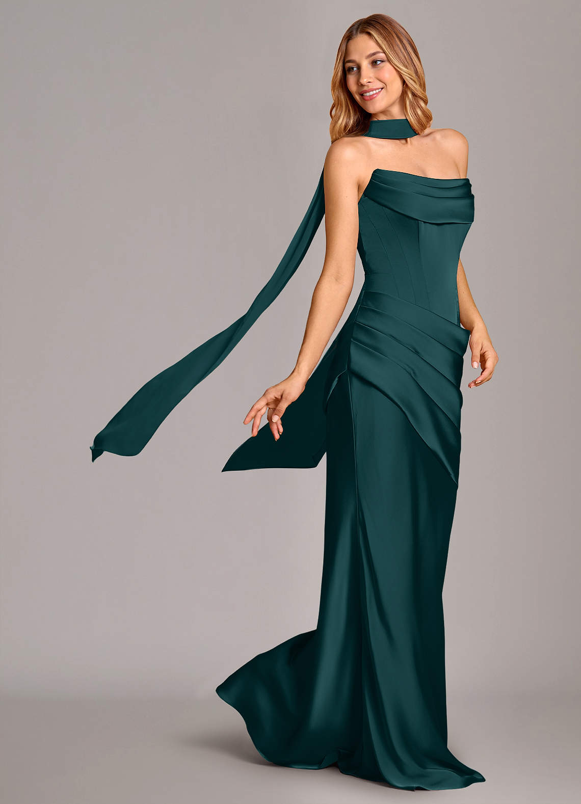 Pelagia Mermaid Cowl-Neck Stretch Satin Bridesmaid Dress in Pine