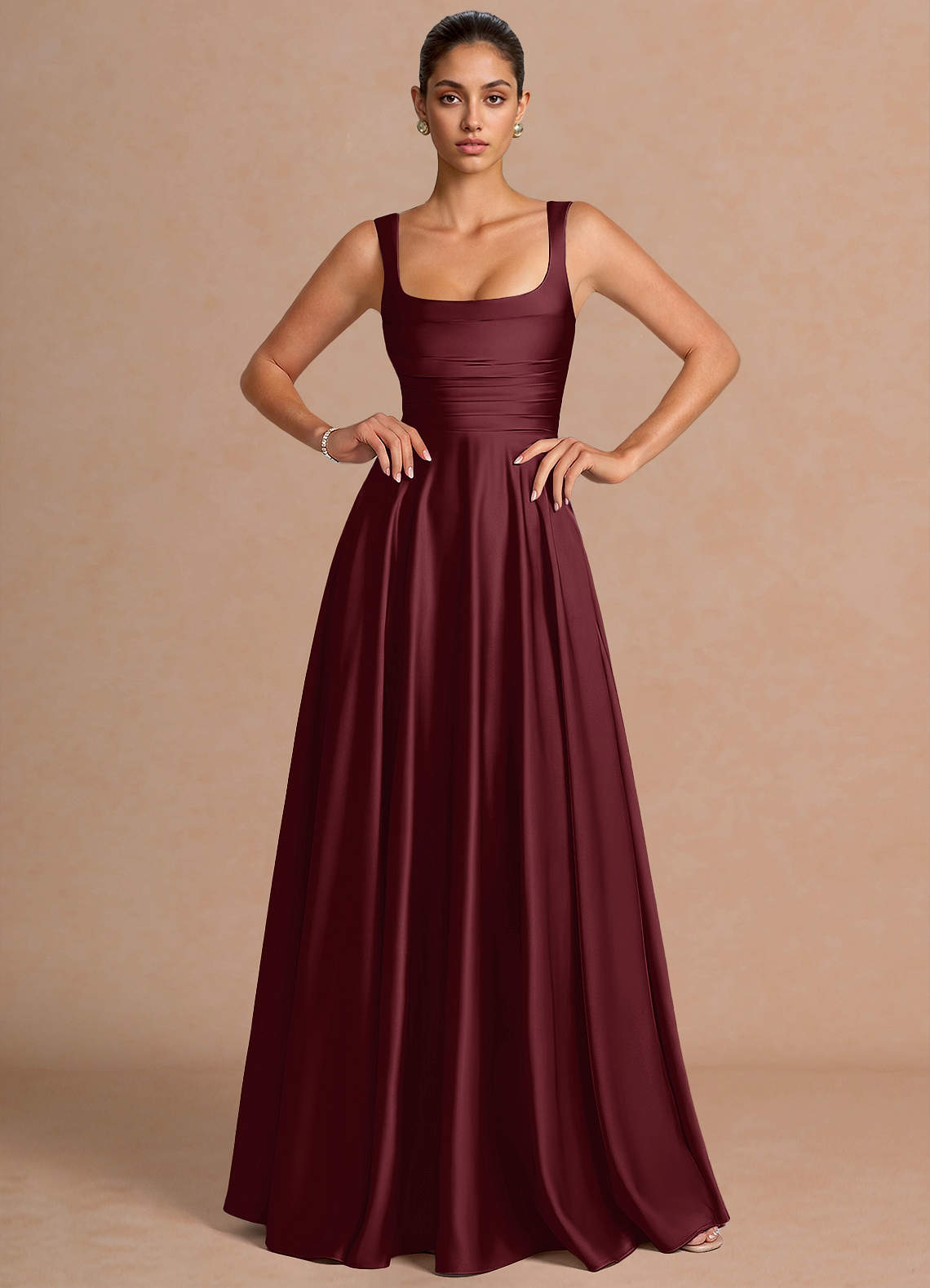 Azaria A-Line Square-Neck Stretch Satin Wedding Guest Dress in Wine