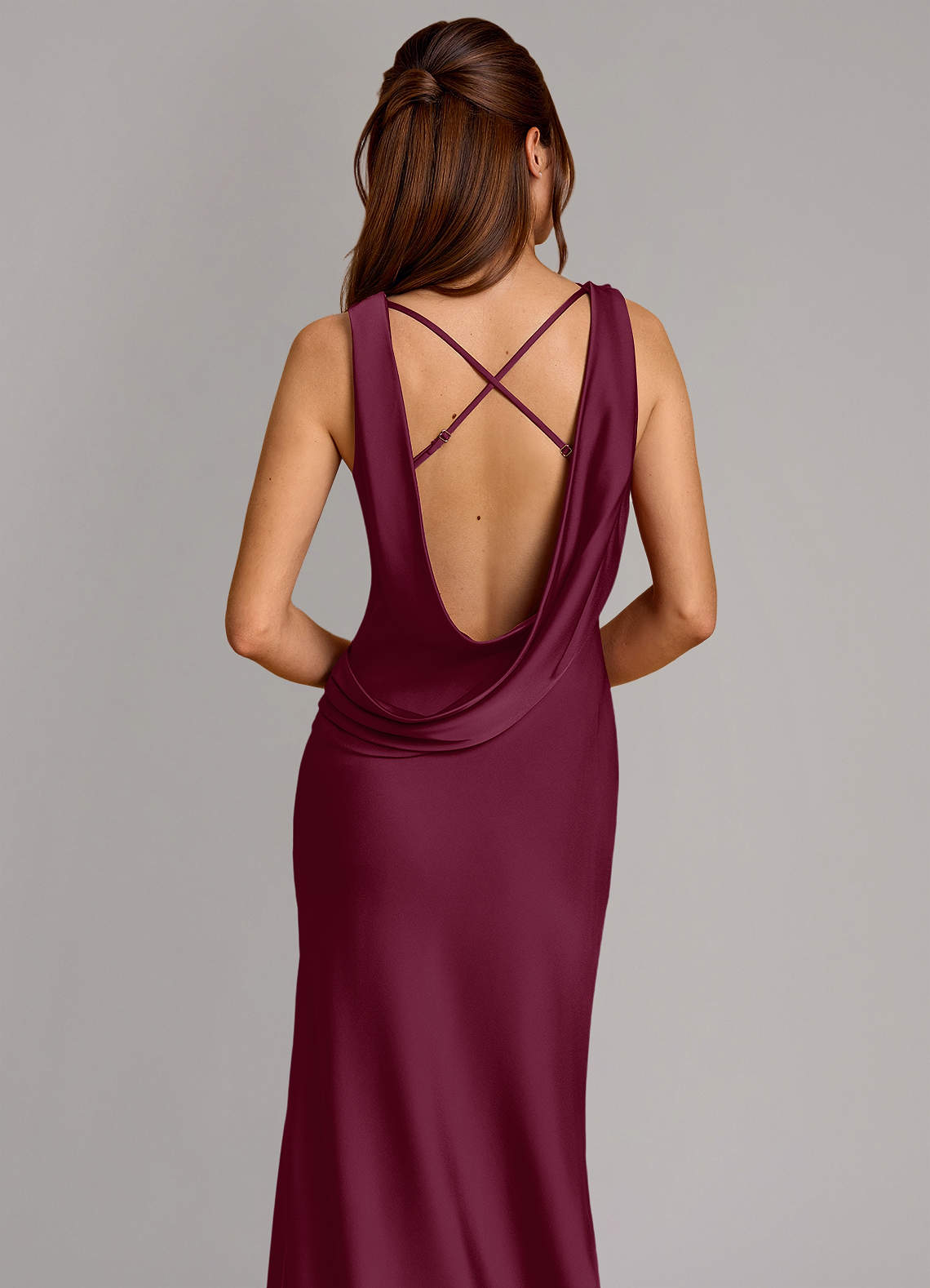 Cheryl Mermaid Cowl-Neck Stretch Satin Bridesmaid Dress in Mulberry