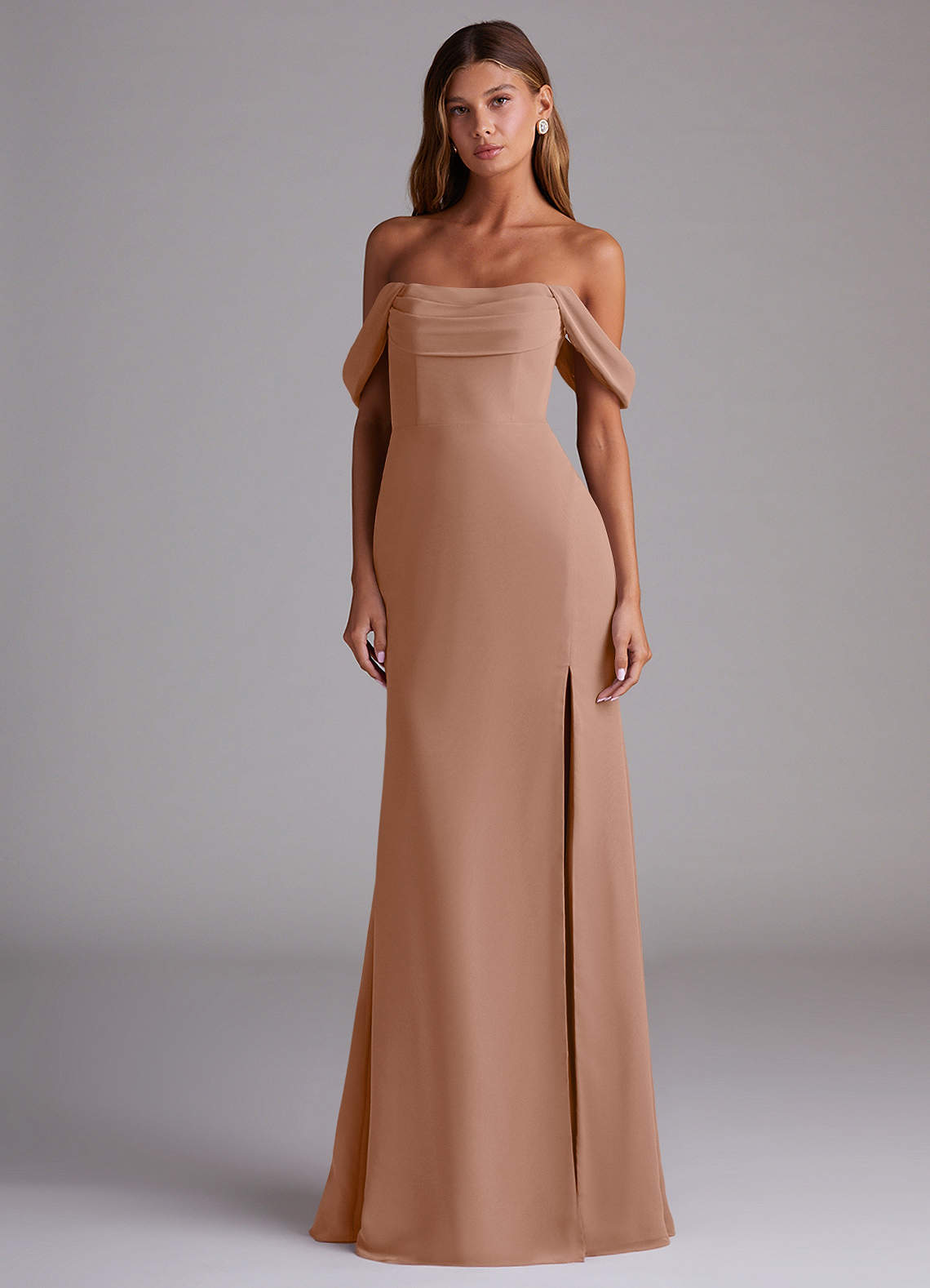 Saige A-Line Off-the-Shoulder Chiffon Bridesmaid Dress in Champagne Rose
