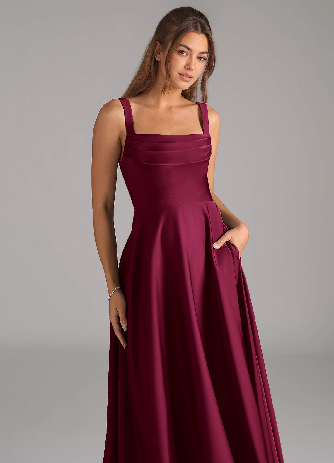 Shaude A-Line Square-Neck Stretch Satin Bridesmaid Dress in Burgundy