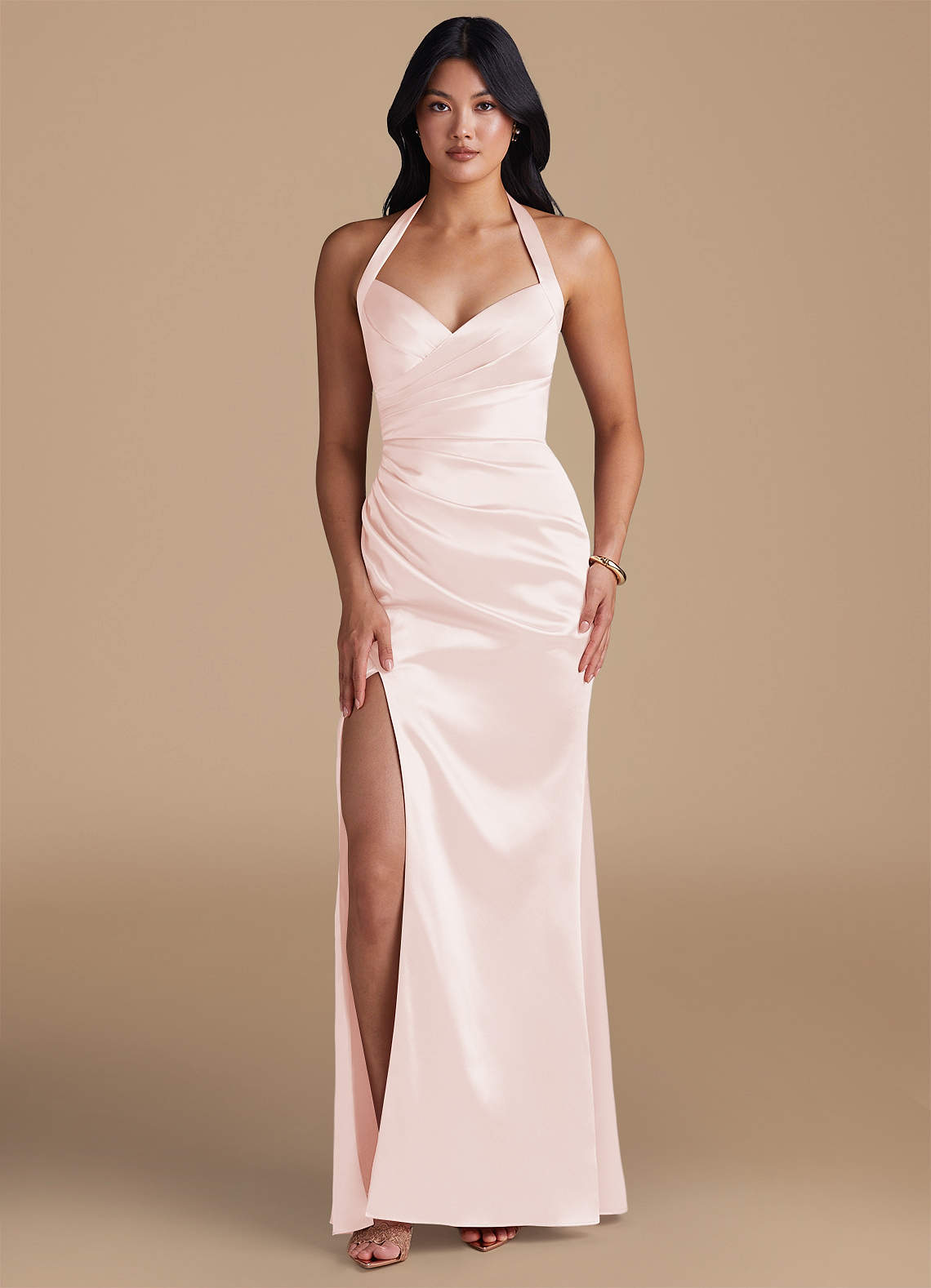 Emeria Sheath Halter Metallic Satin Bridesmaid Dress in rose gold