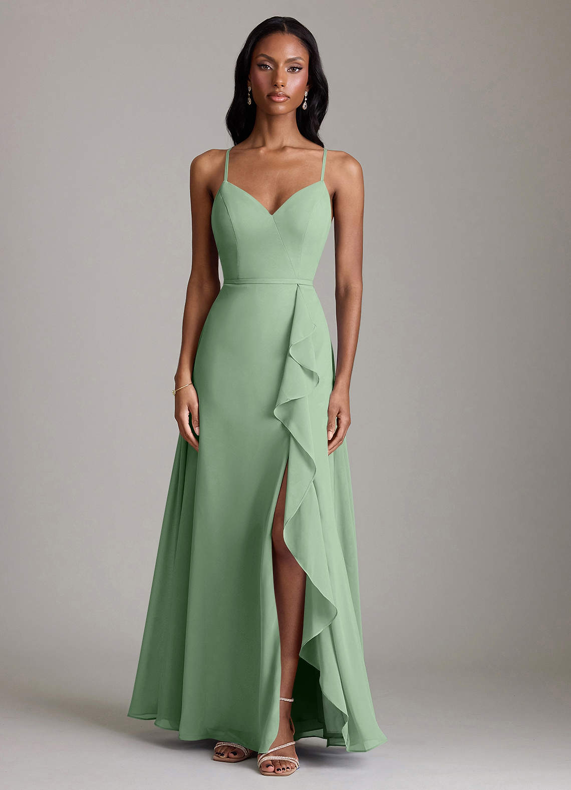 Naeem A-Line V-Neck Chiffon Bridesmaid Dress in Matcha