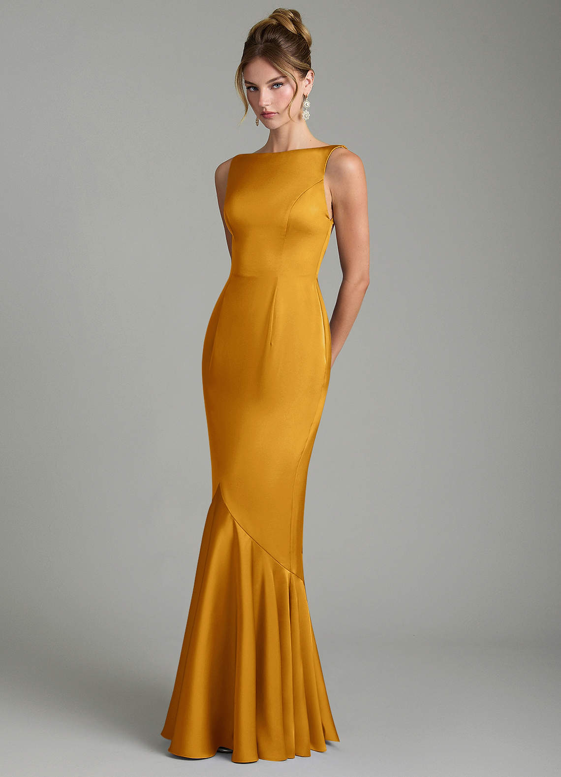 Tamera Mermaid Boat-Neck Stretch Satin and Chiffon Bridesmaid Dress in butterscotch