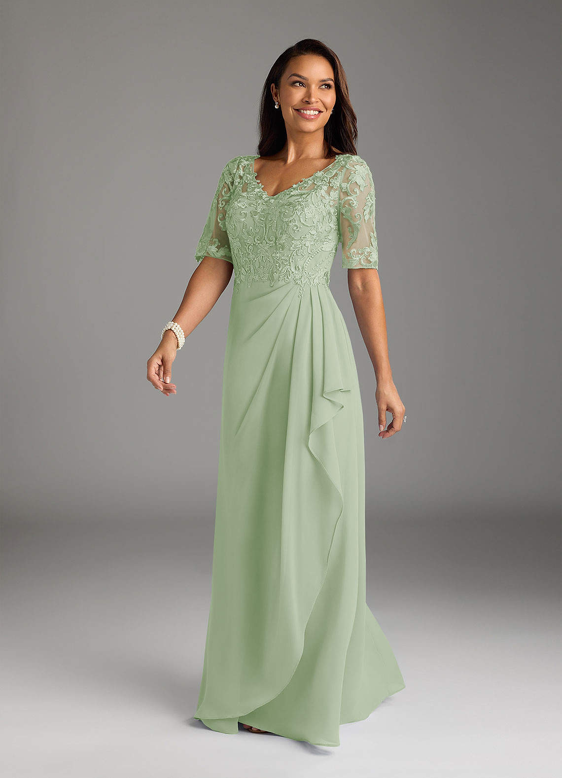 Amedeus A-Line V-Neck Chiffon and Lace Mother of the Bride Dress in Dusty Sage