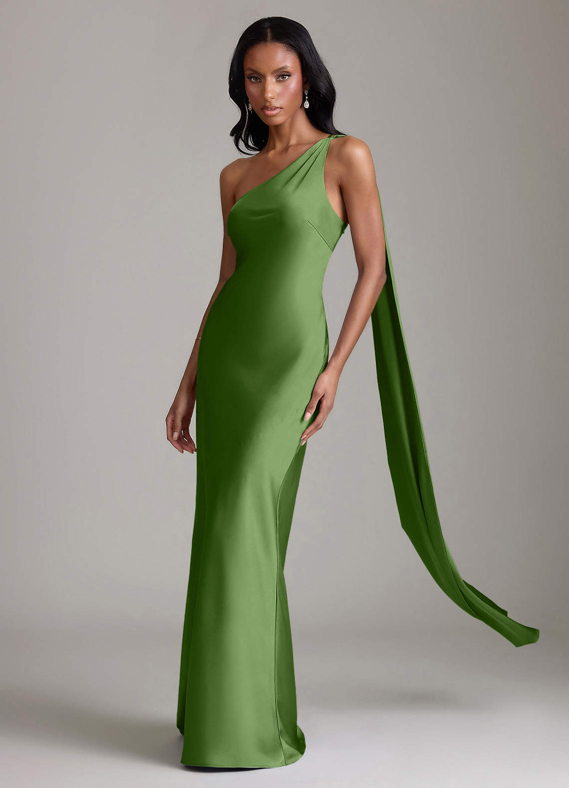 Juniper Mermaid One-Shoulder Stretch Satin Bridesmaid Dress in Basil