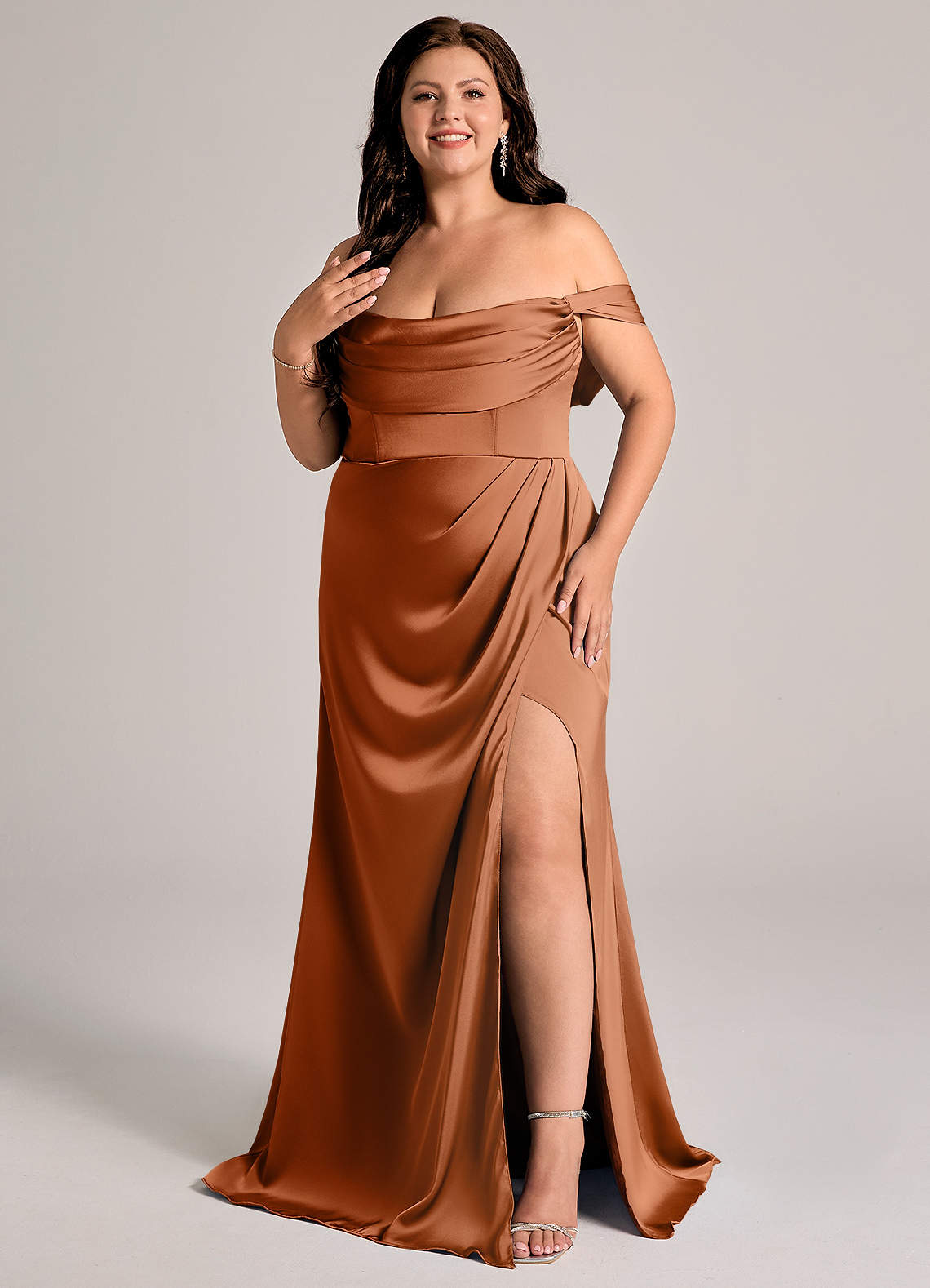 Johana Mermaid Off-the-Shoulder Stretch Satin Bridesmaid Dress in Copper