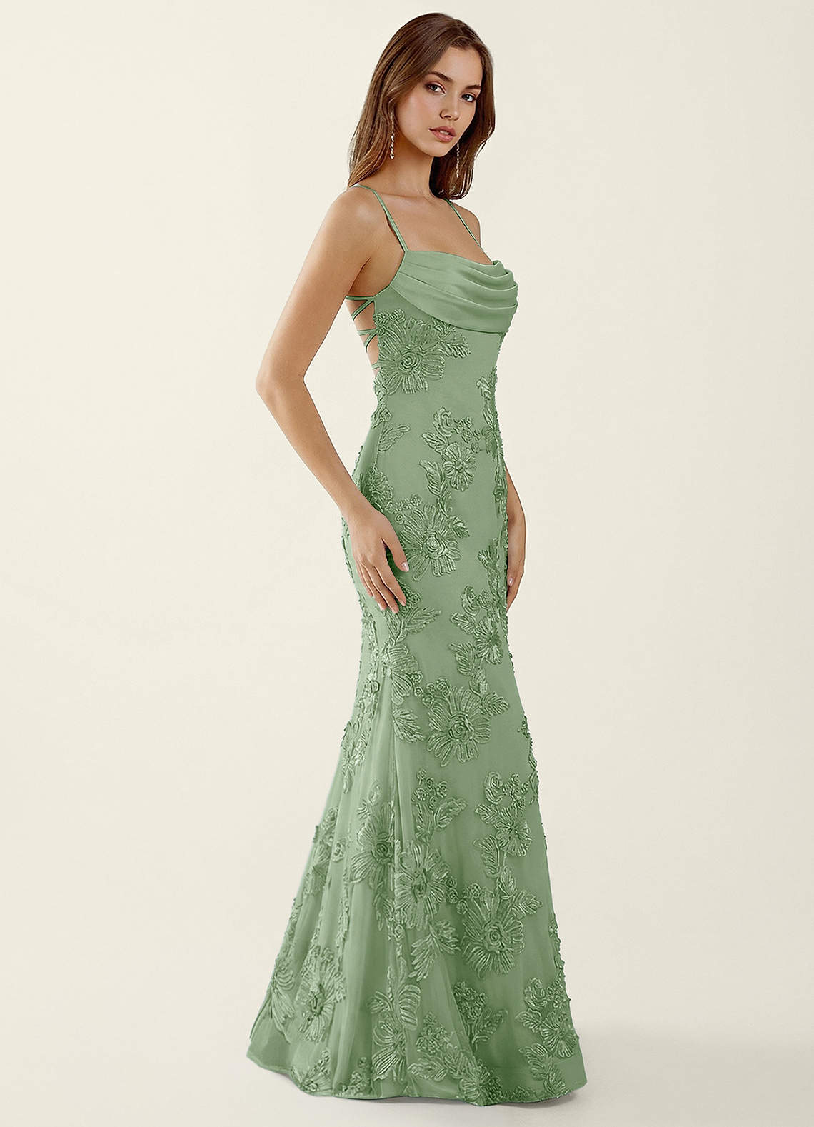 Bellatrix Mermaid Spaghetti-Strap Stretch Lace Evening Dress in Sage