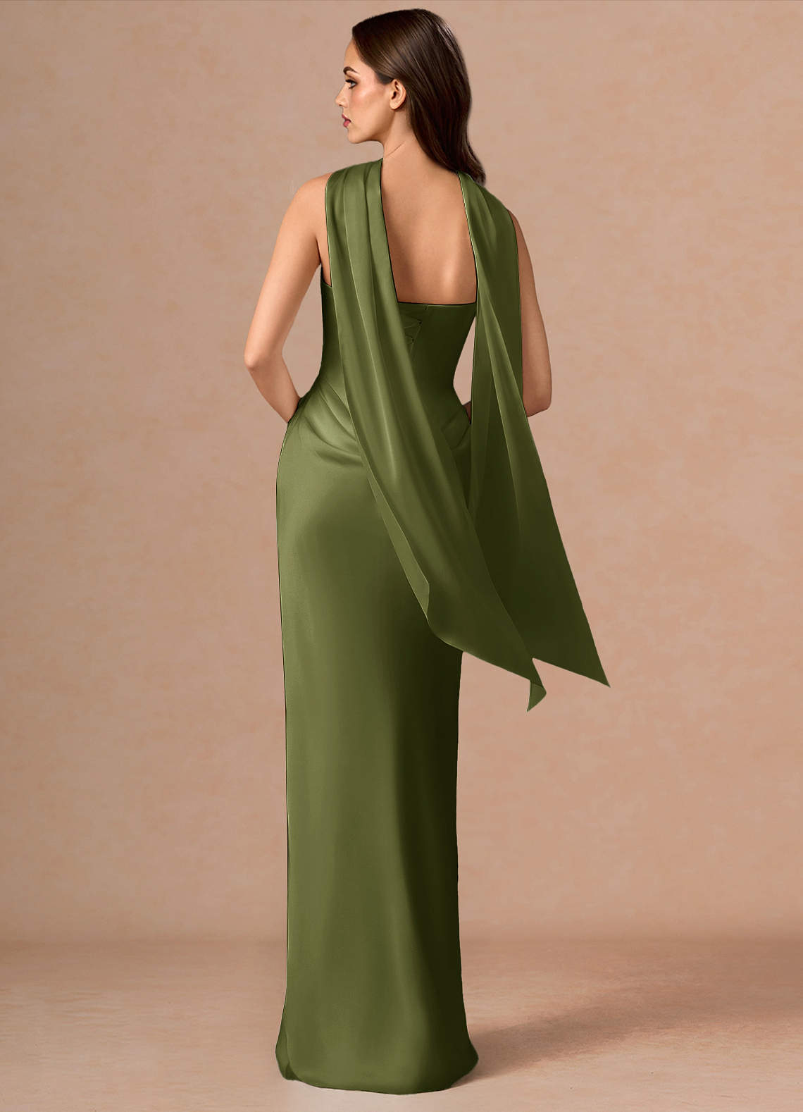 Valencia Scarf Lace-Up Stretch Satin Evening Dress in Olive