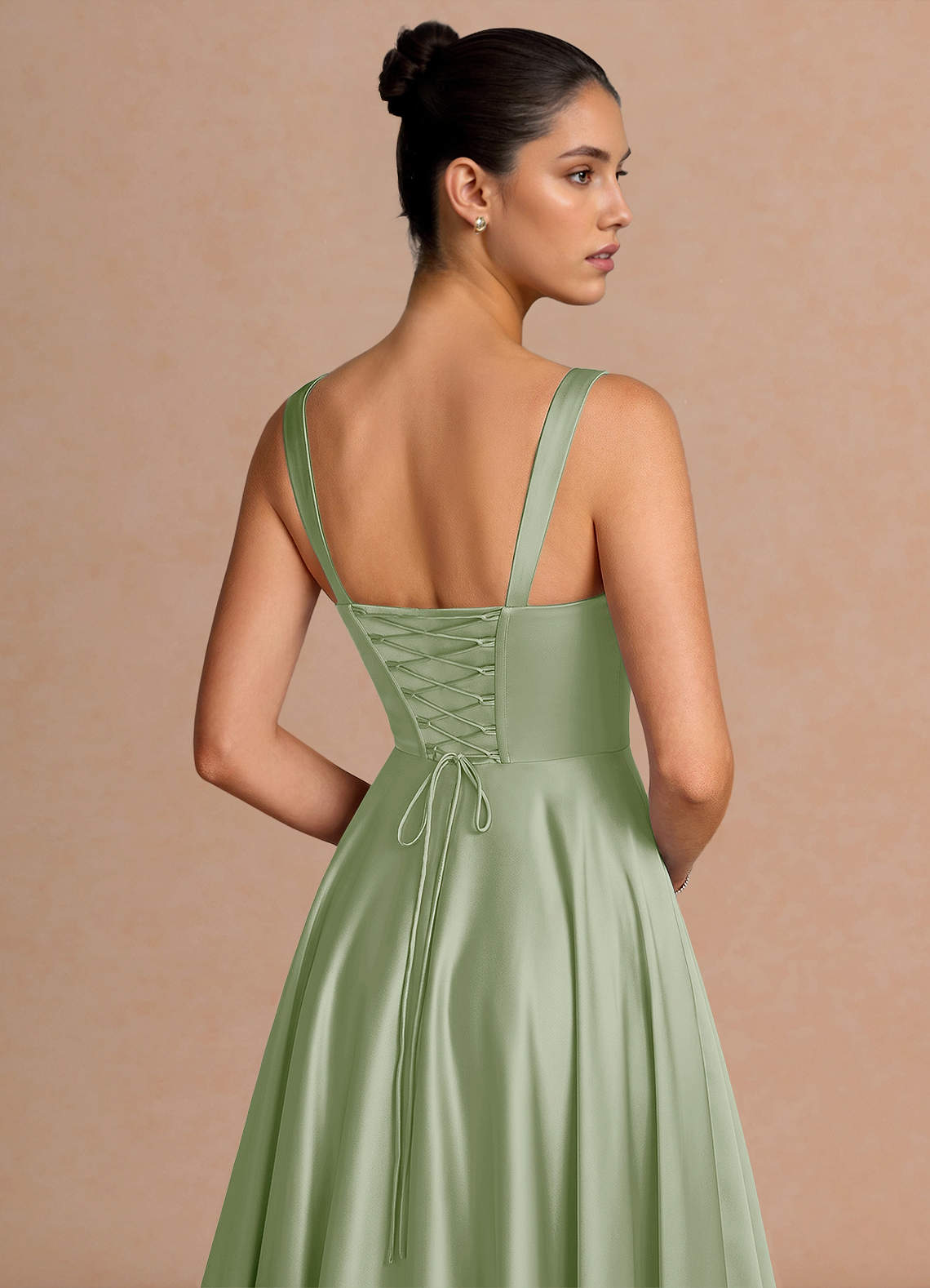 Azaria A-Line Square-Neck Stretch Satin Wedding Guest Dress in Light Green