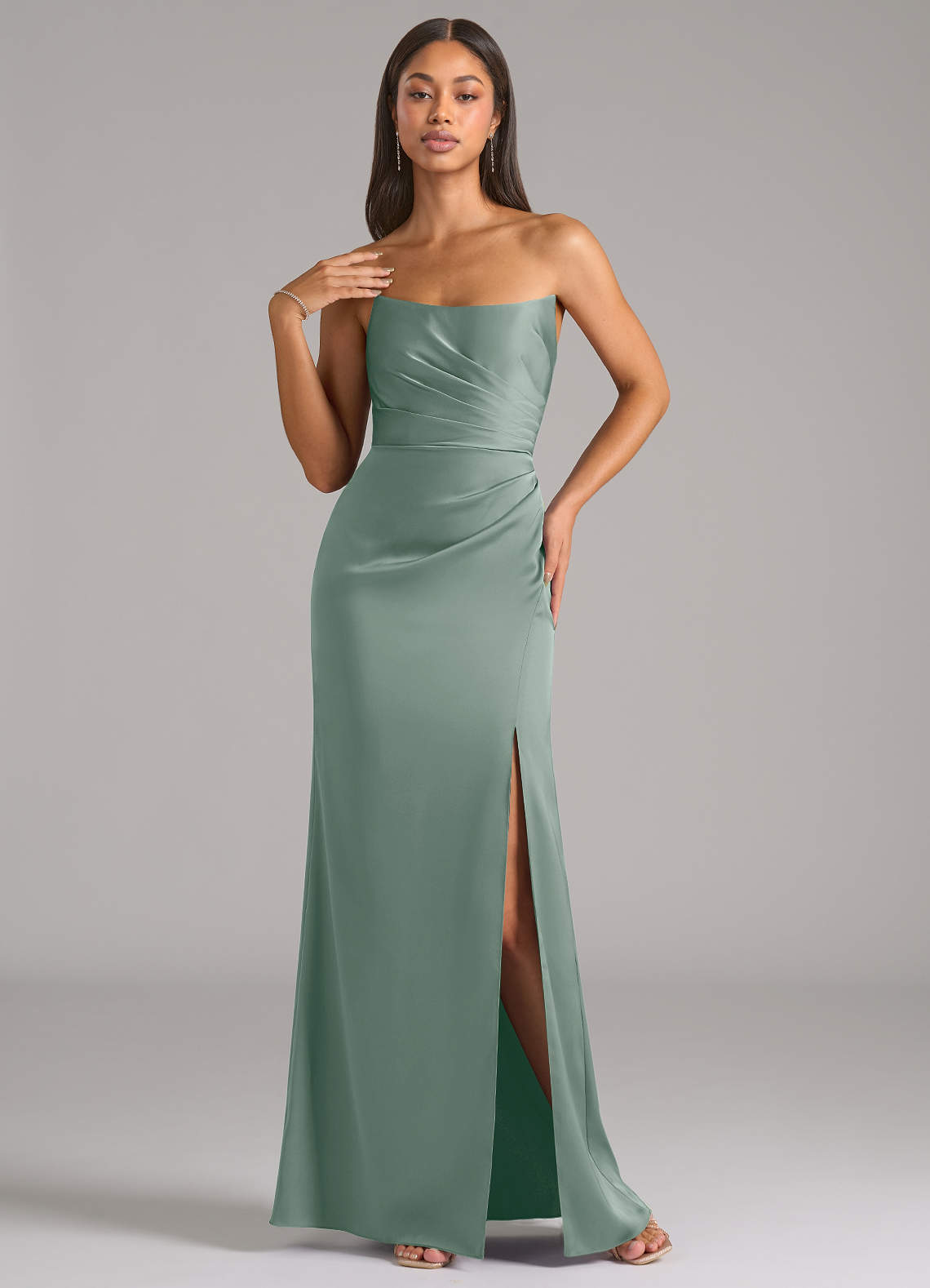 Marla Sheath Strapless Stretch Satin Bridesmaid Dress in Silver Sage