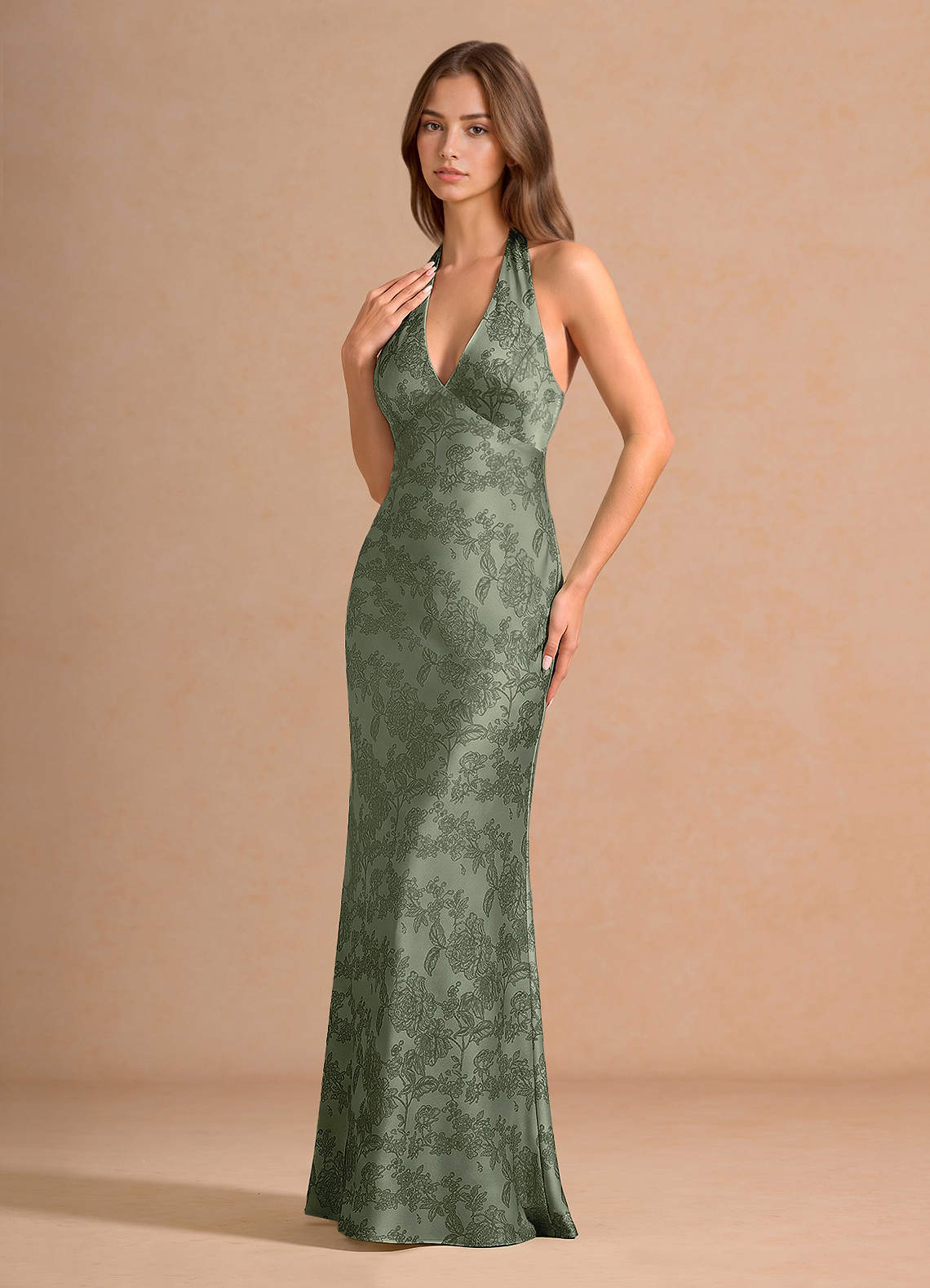 Ottoline Plunging V-Neck Open-Back Jacquard Evening Dress in Moss Navy