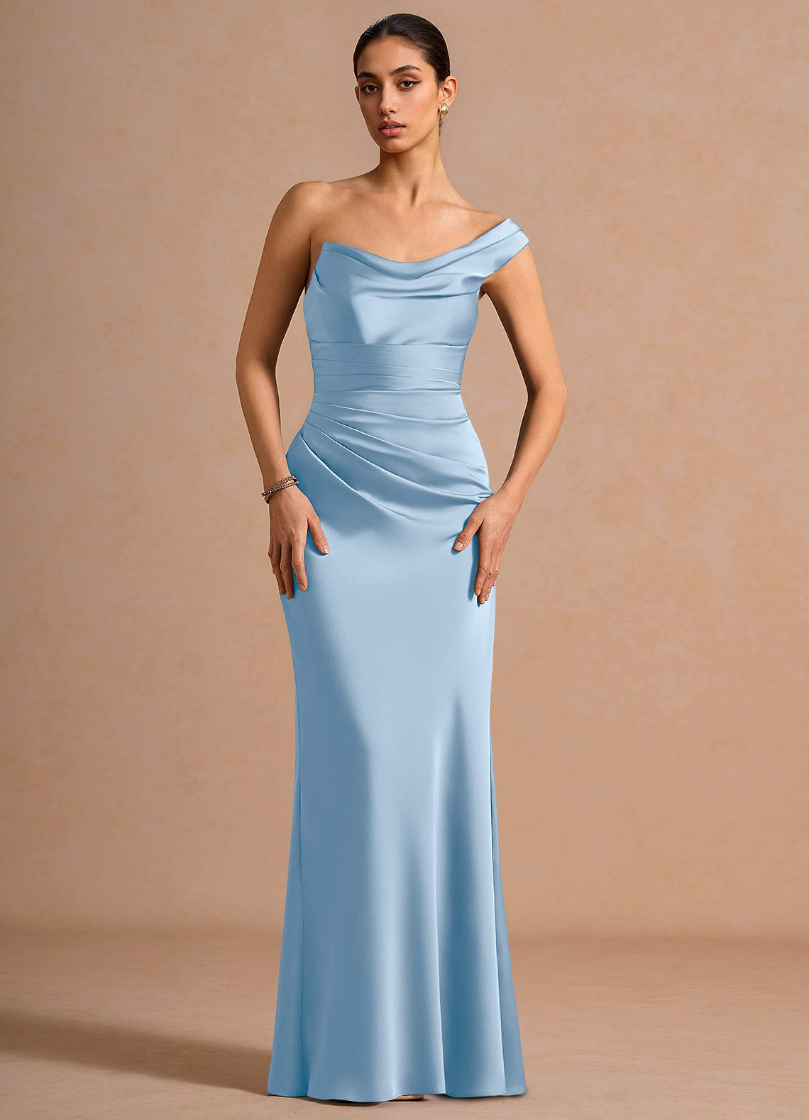Cassiopeia One-Shoulder Draped Stretch Satin Evening Dress in Haze blue
