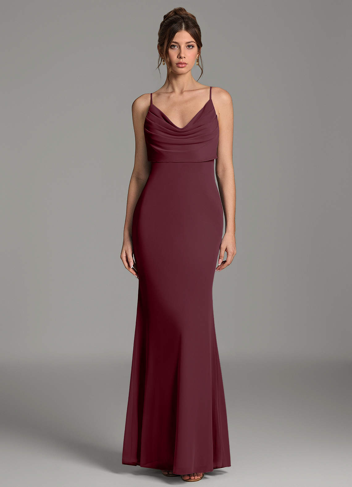 Zari Mermaid Cowl-Neck Mesh Bridesmaid Dress in Cabernet