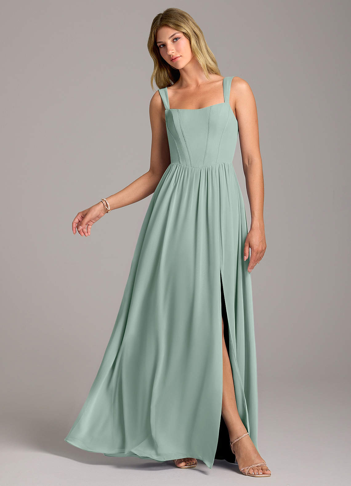 Rosaline A-Line Square-Neck Chiffon Bridesmaid Dress in Agave