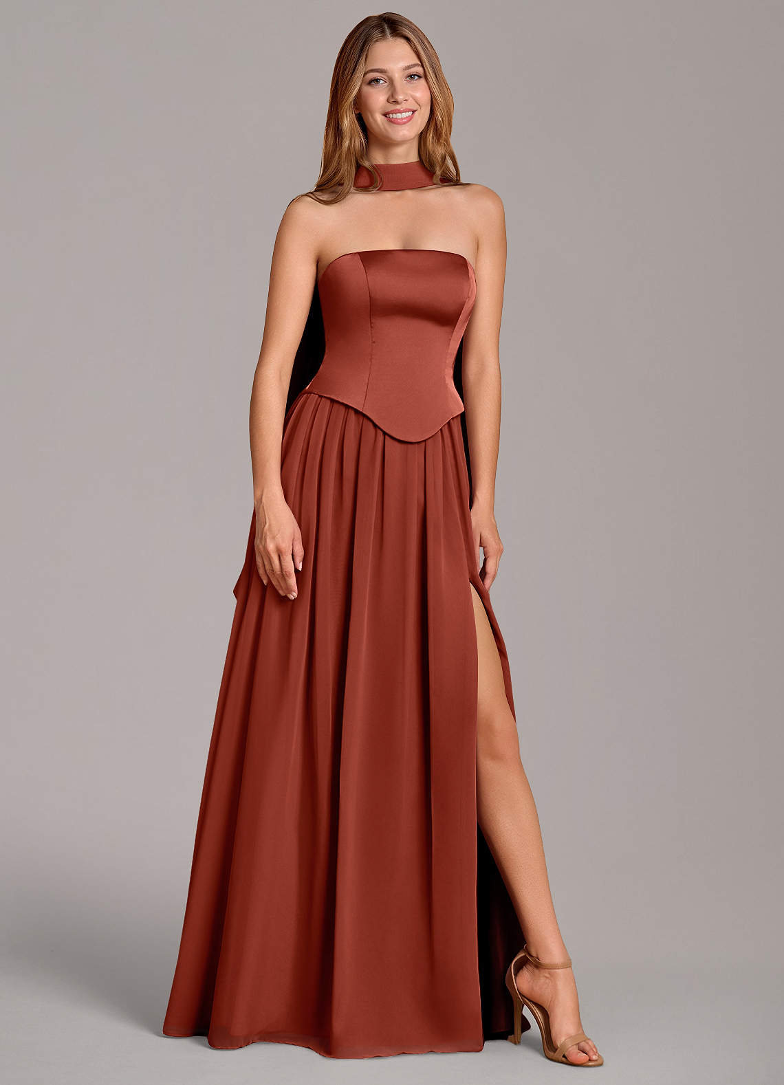 Cadence A-Line Strapless Chiffon and Stretch Satin Bridesmaid Dress in Terracotta