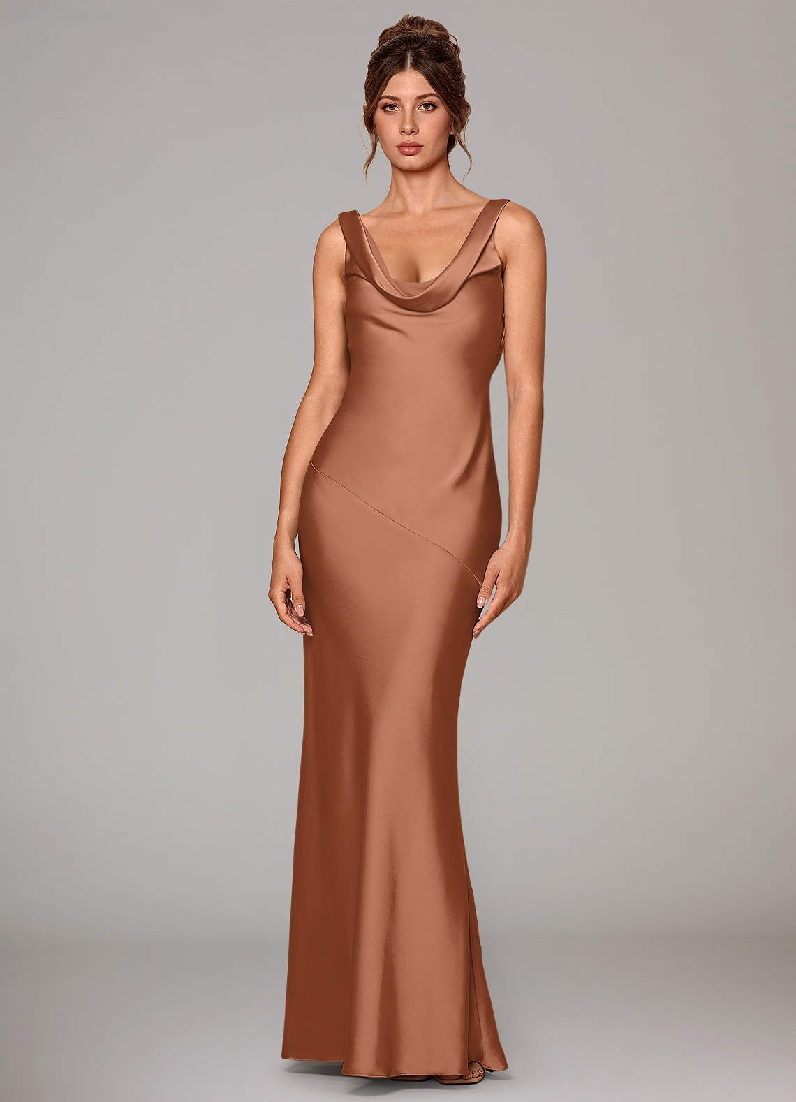 Rylina Mermaid Cowl-Neck Stretch Satin Bridesmaid Dress in Bronzer