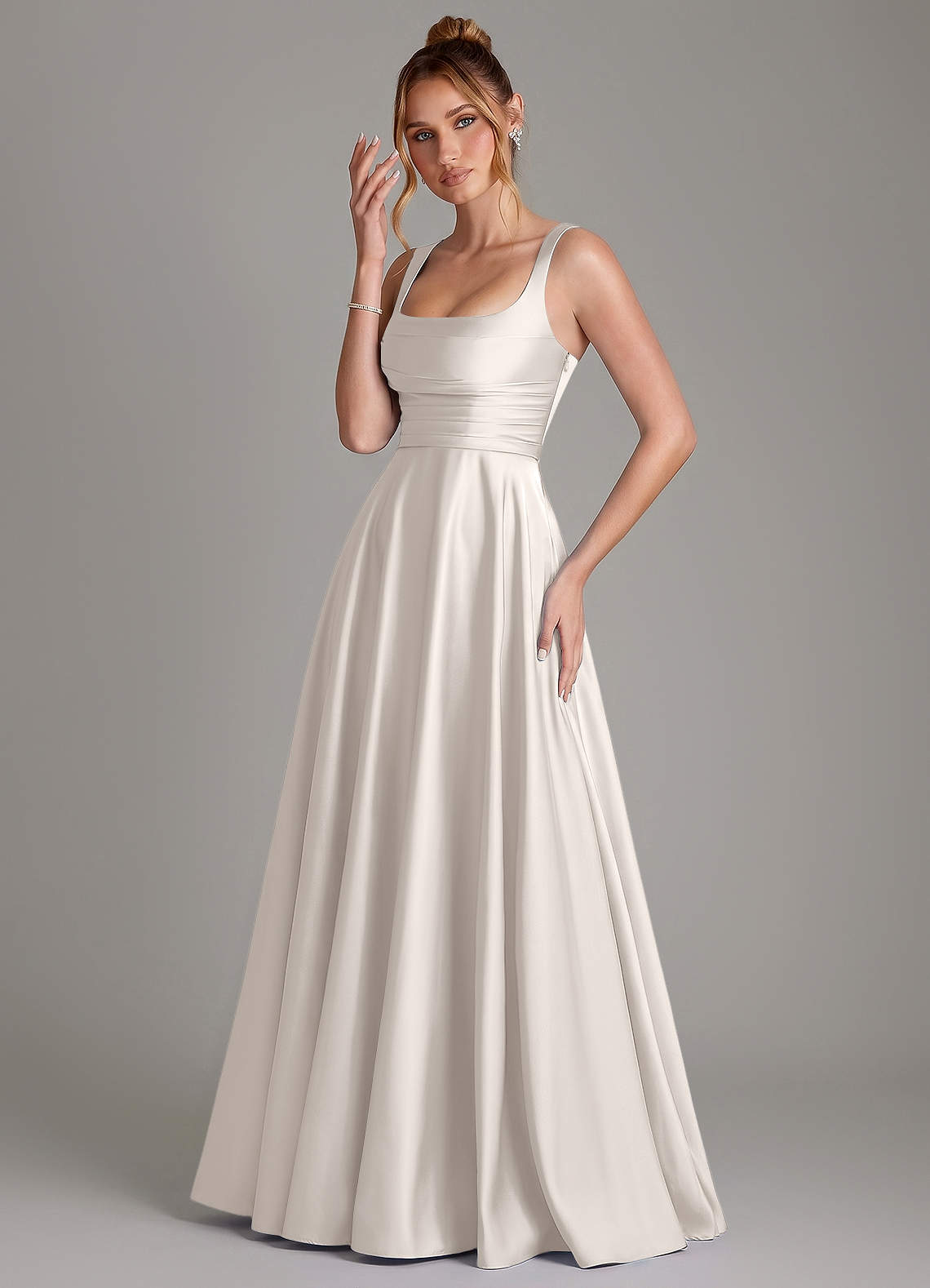 Azaria A-Line Square-Neck Stretch Satin Bridesmaid Dress in White Alabaster