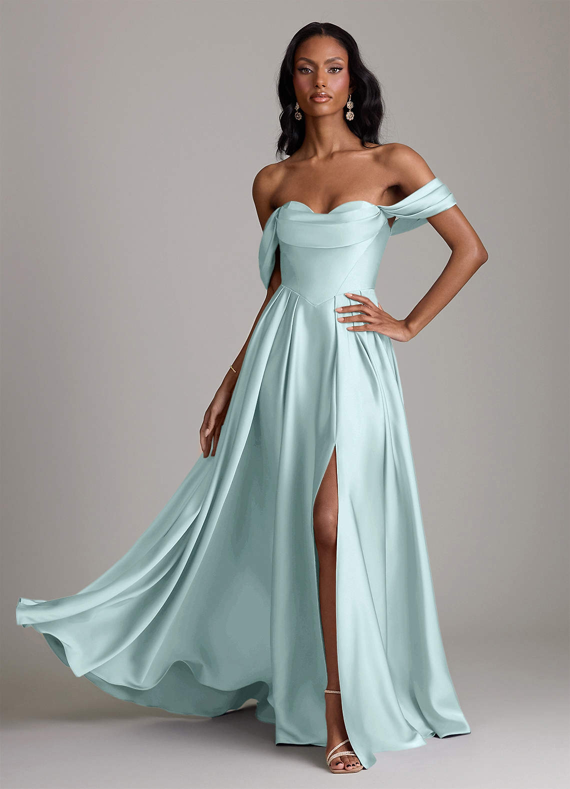 Loisa A-Line Off-the-Shoulder Stretch Satin Bridesmaid Dress in Sea Glass