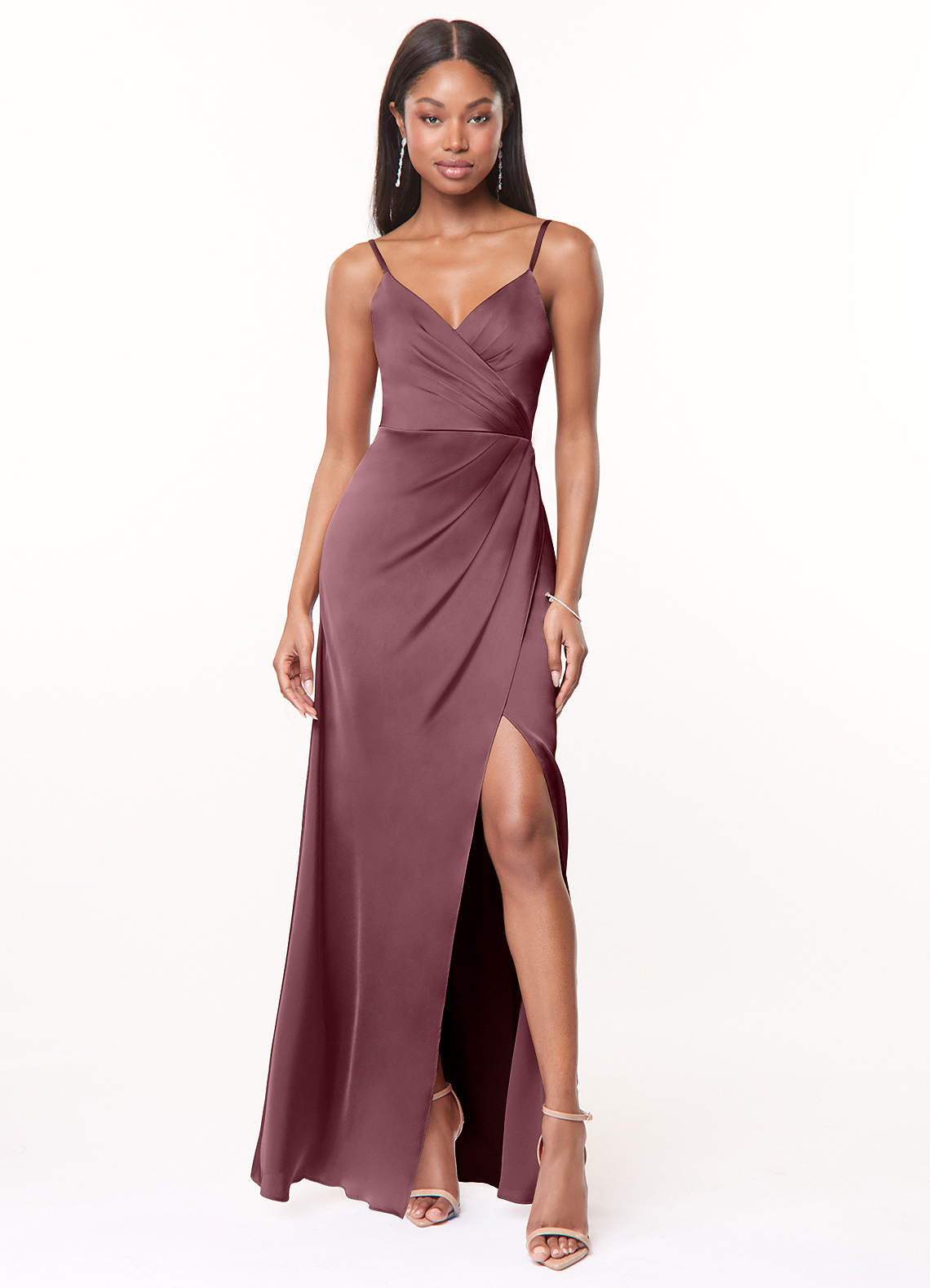 Maci A-Line V-Neck Stretch Satin Bridesmaid Dress in Amethyst