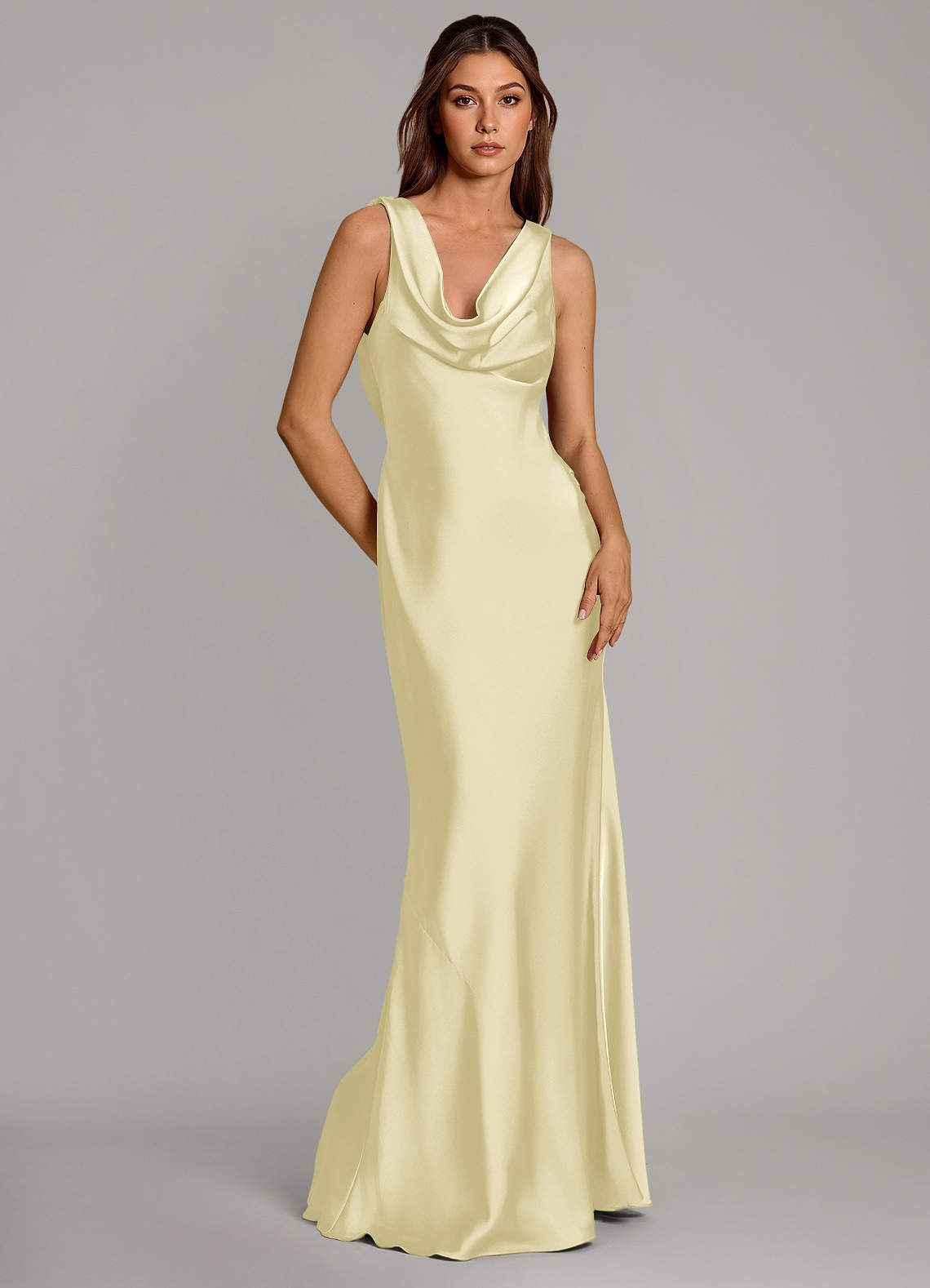 Cheryl Mermaid Cowl-Neck Stretch Satin Bridesmaid Dress in Lemon Sorbet