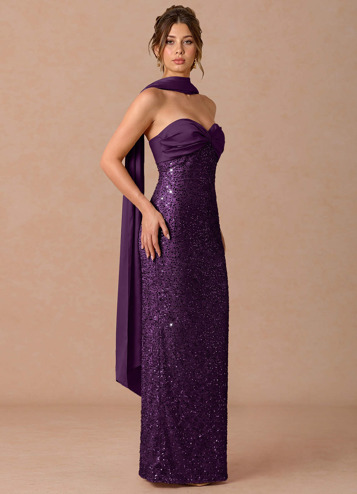 Serelle A-Line Sweetheart Sequin Satin Evening Dress in Grape