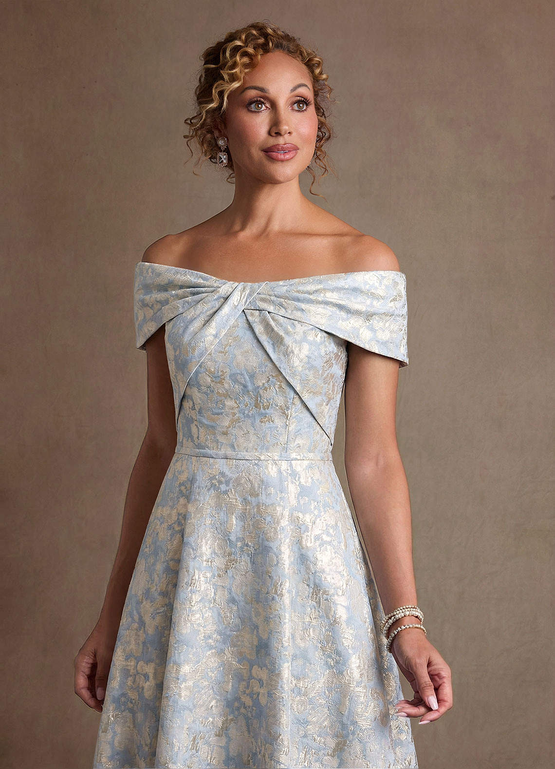 Harriett A-Line Off-the-Shoulder Jacquard Mother of the Bride Dress in dusty blue
