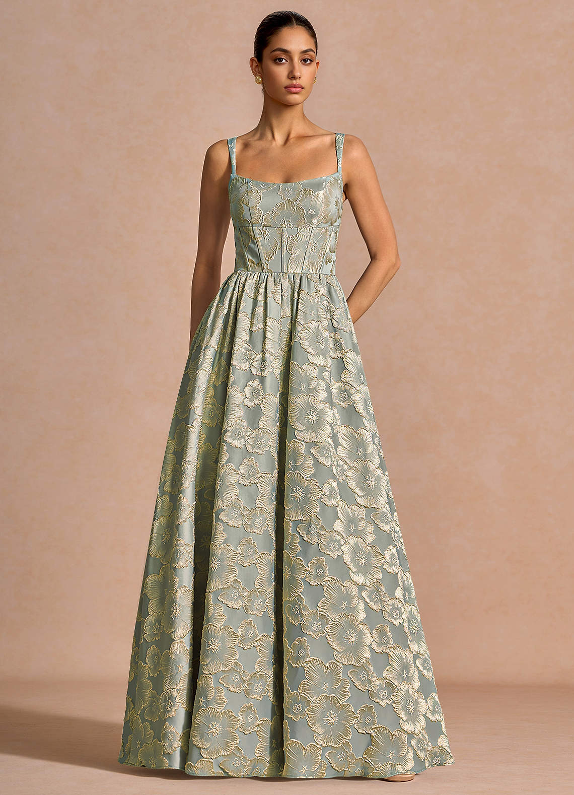 Julietteh A-Line Strappy Jacquard Taffeta Evening Dress in Blue