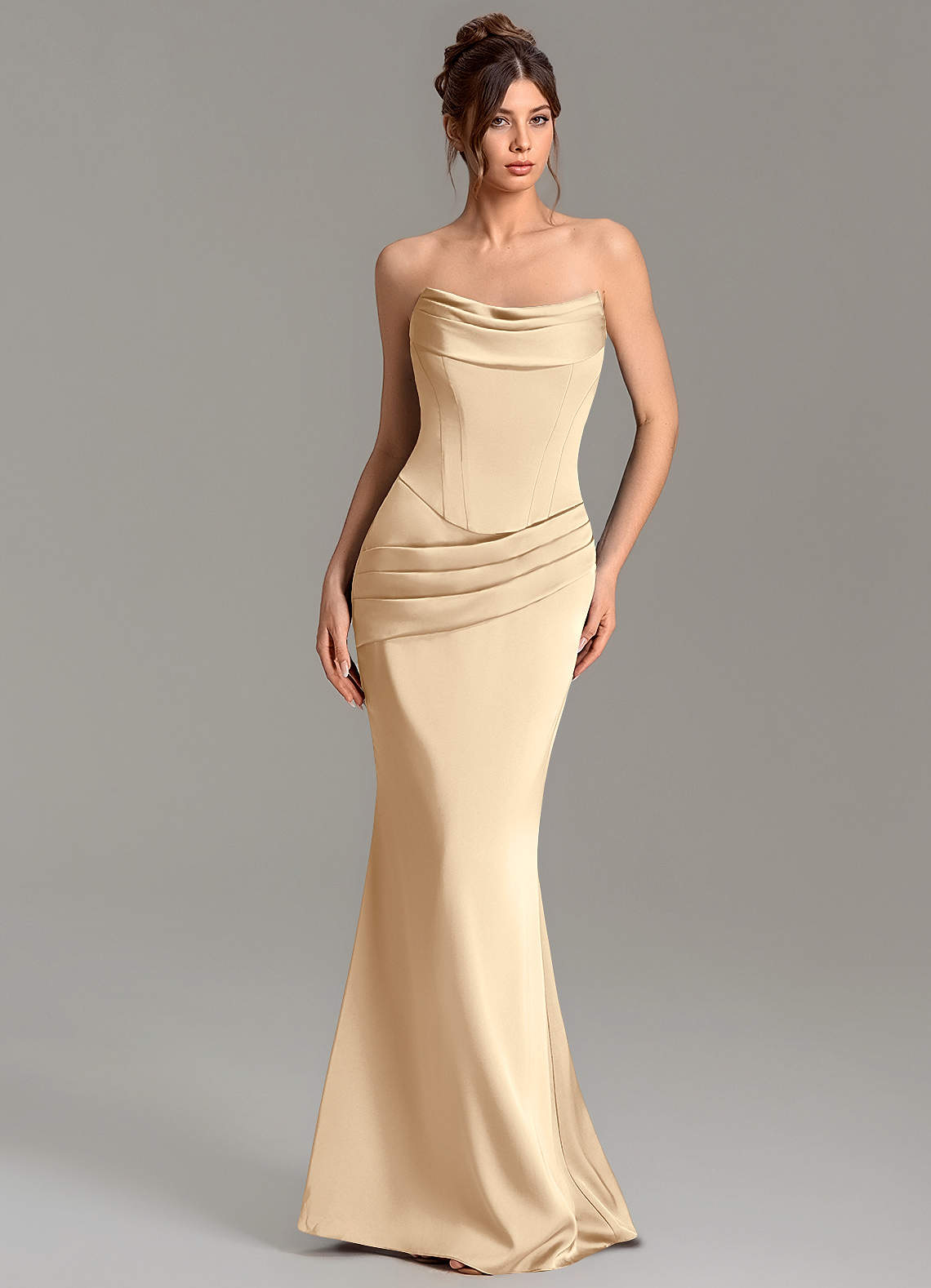 Adrienne Mermaid Cowl-Neck Stretch Satin Bridesmaid Dress in Champagne