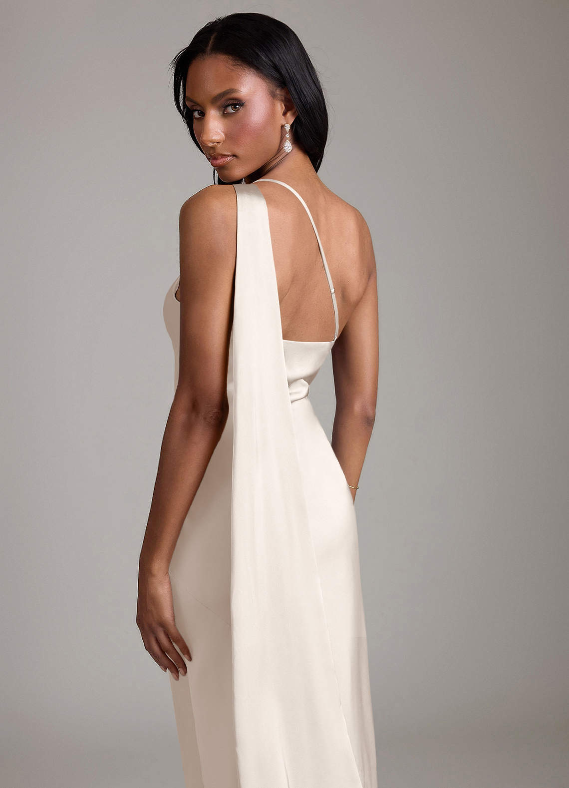Juniper Mermaid One-Shoulder Stretch Satin Bridesmaid Dress in White Alabaster