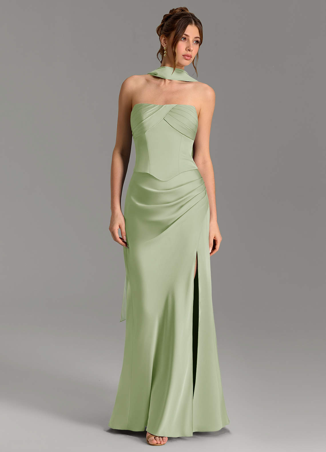Nicki Sheath Scoop-Neck Stretch Satin Bridesmaid Dress in Dusty Sage