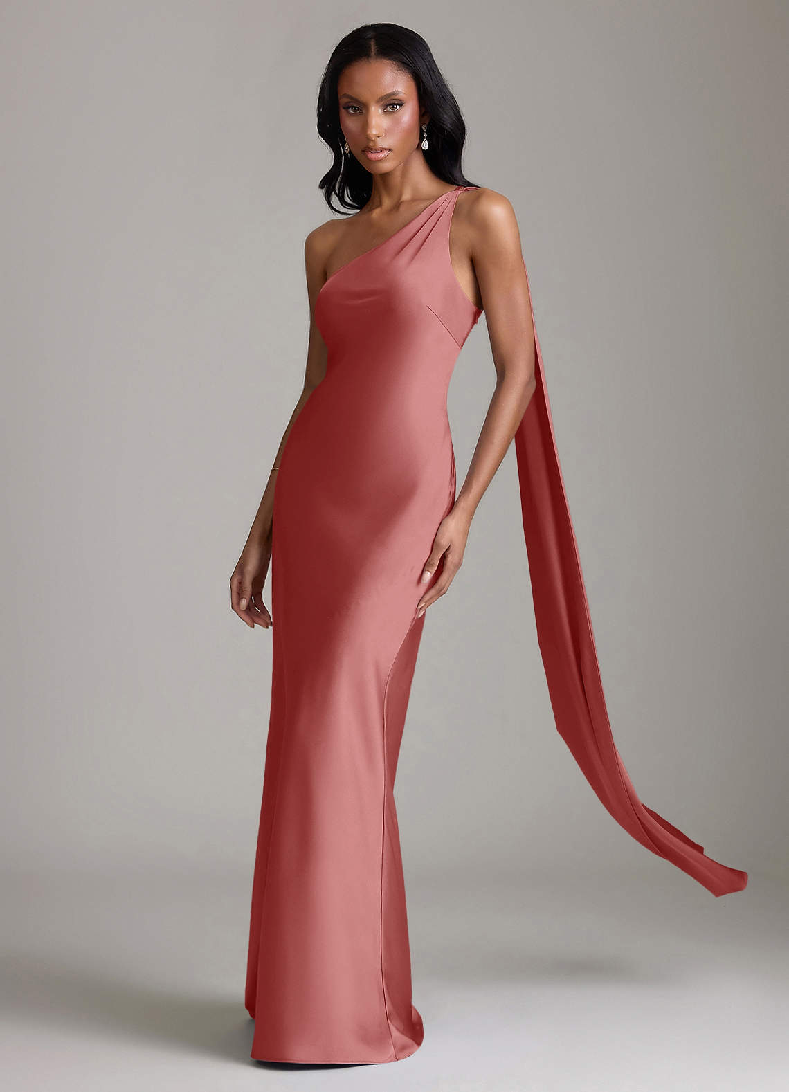 Juniper Mermaid One-Shoulder Stretch Satin Bridesmaid Dress in Antique Rose