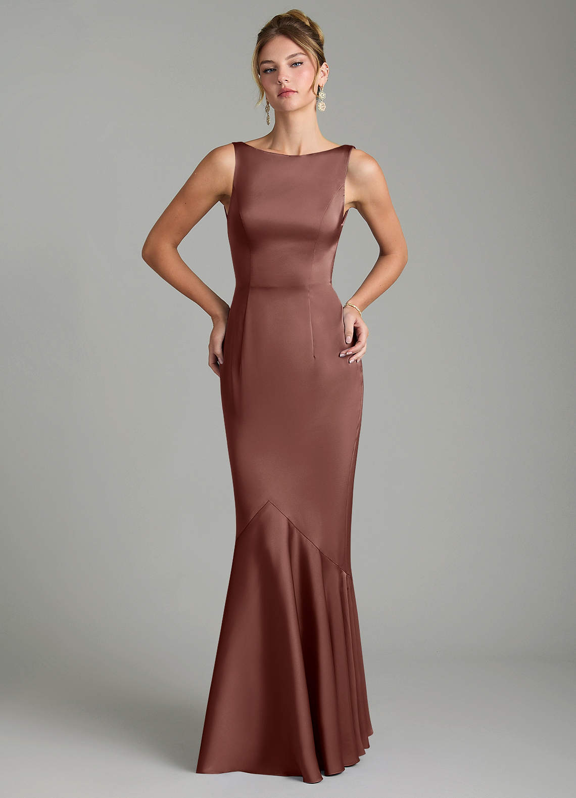 Tamera Mermaid Boat-Neck Stretch Satin and Chiffon Bridesmaid Dress in Espresso