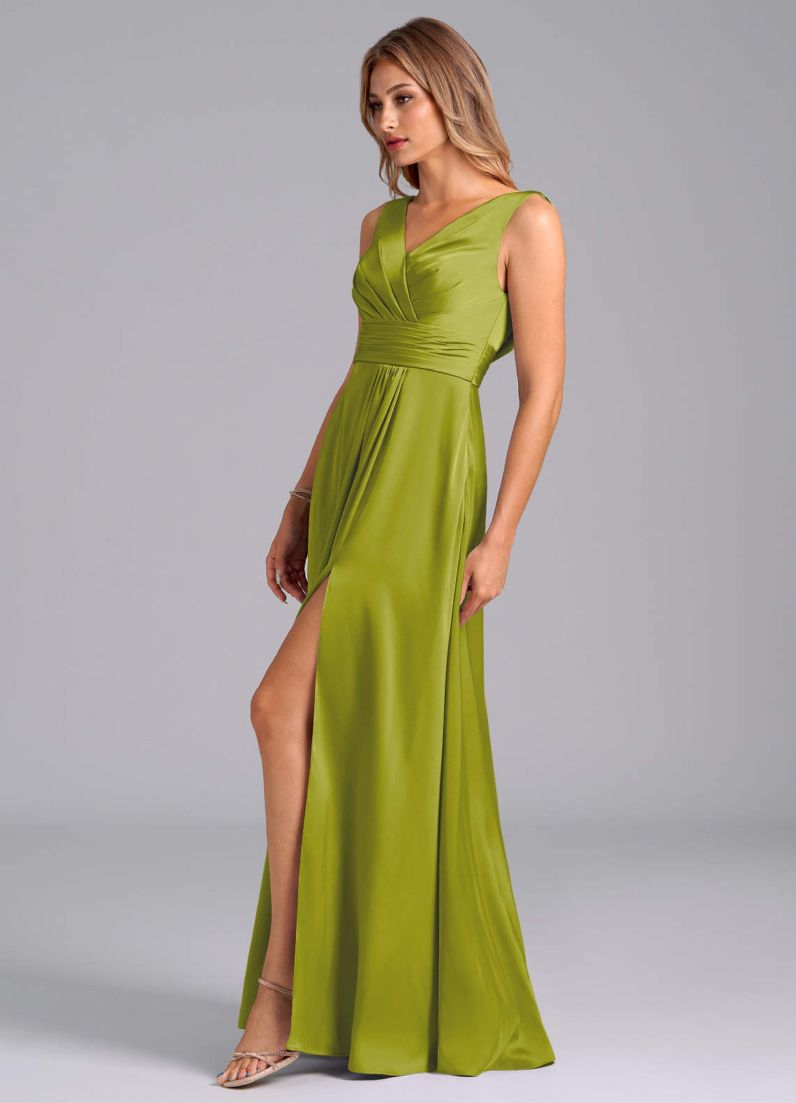 Karina A-Line V-Neck Stretch Satin Bridesmaid Dress in Lemongrass