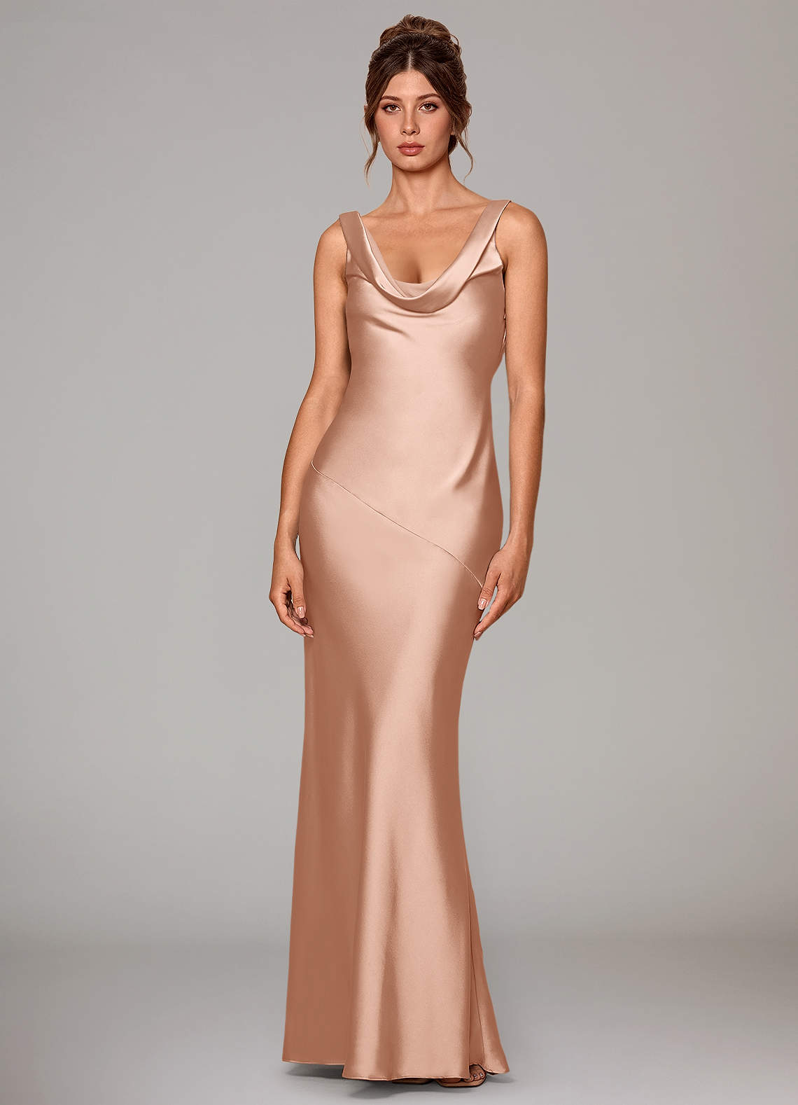 Rylina Mermaid Cowl-Neck Stretch Satin Bridesmaid Dress in rose gold