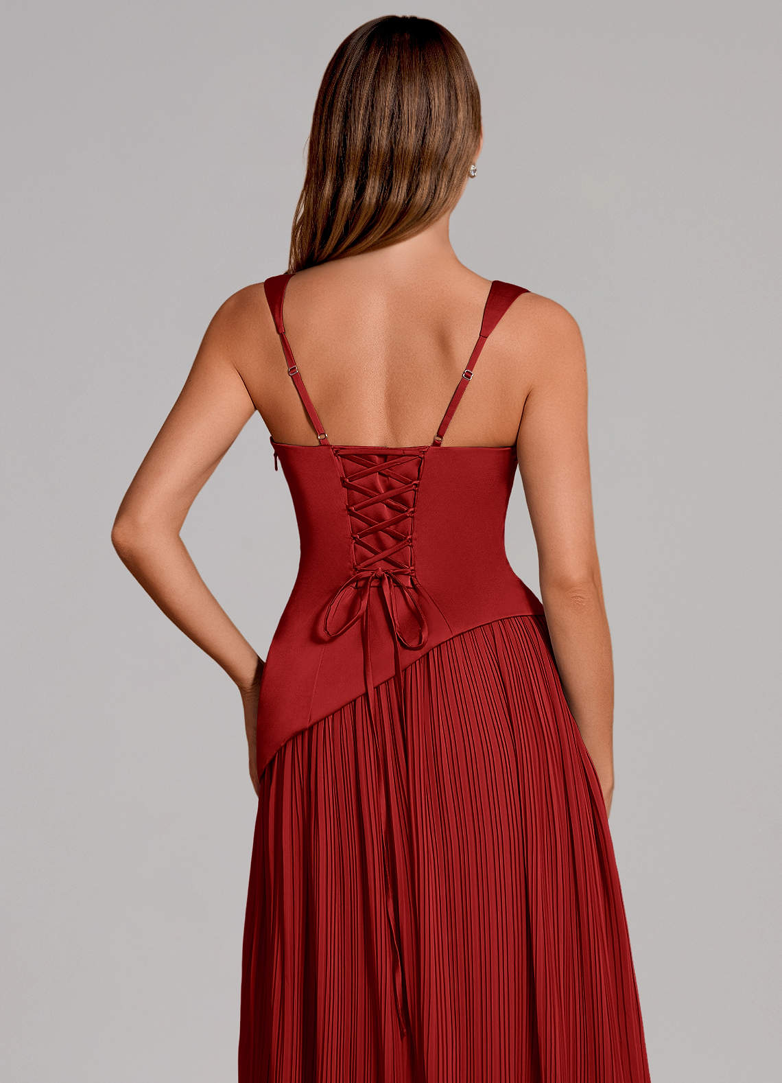 Stephanie A-Line Square-Neck Stretch Satin and Chiffon Bridesmaid Dress in Pomegranate
