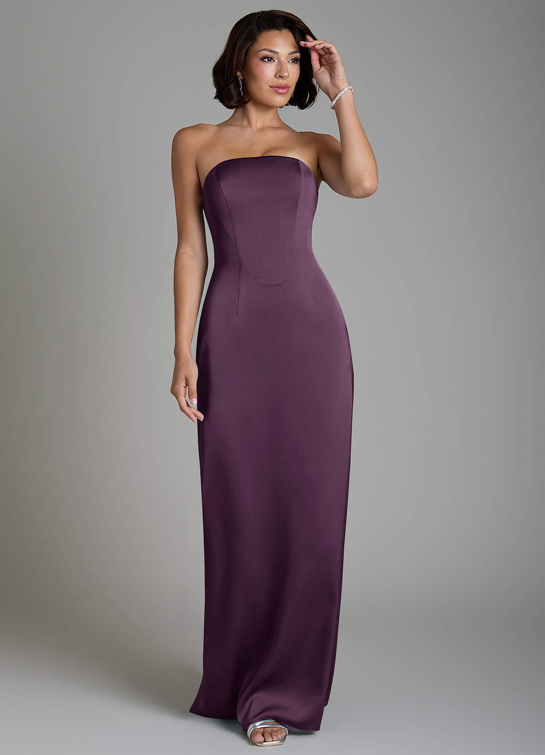 Fallyn Sheath Strapless Stretch Satin Bridesmaid Dress in Plum