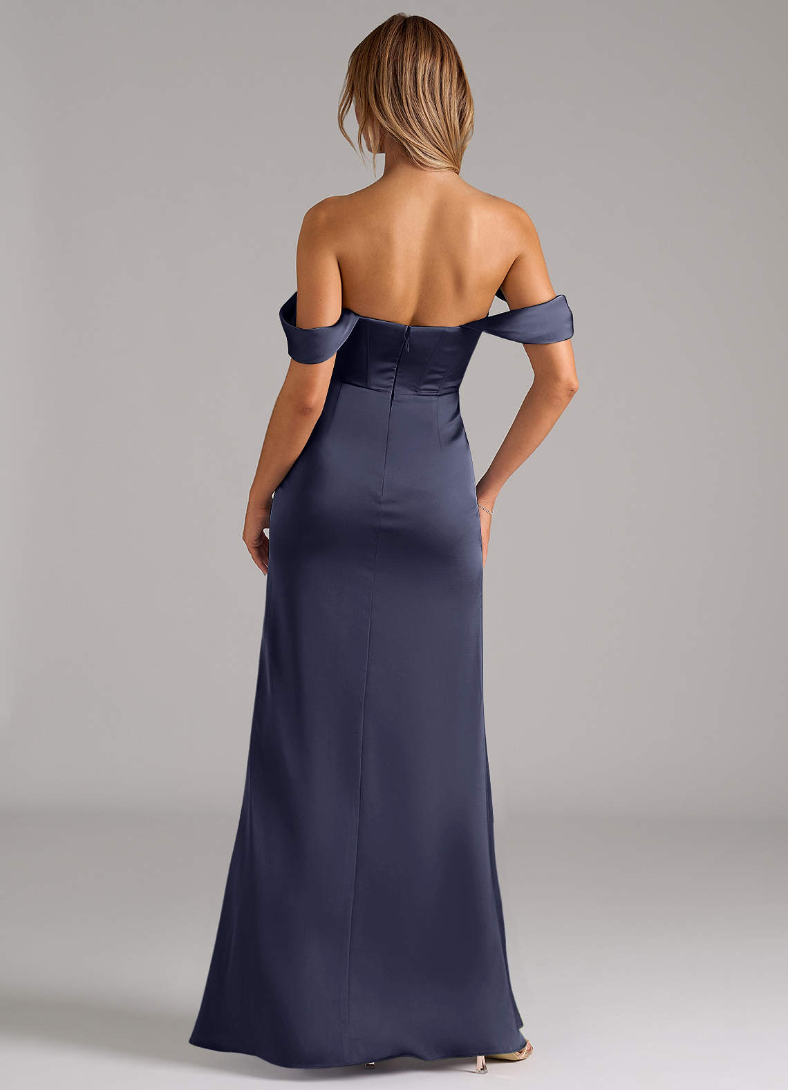 Johana Mermaid Off-the-Shoulder Stretch Satin Bridesmaid Dress in Stormy